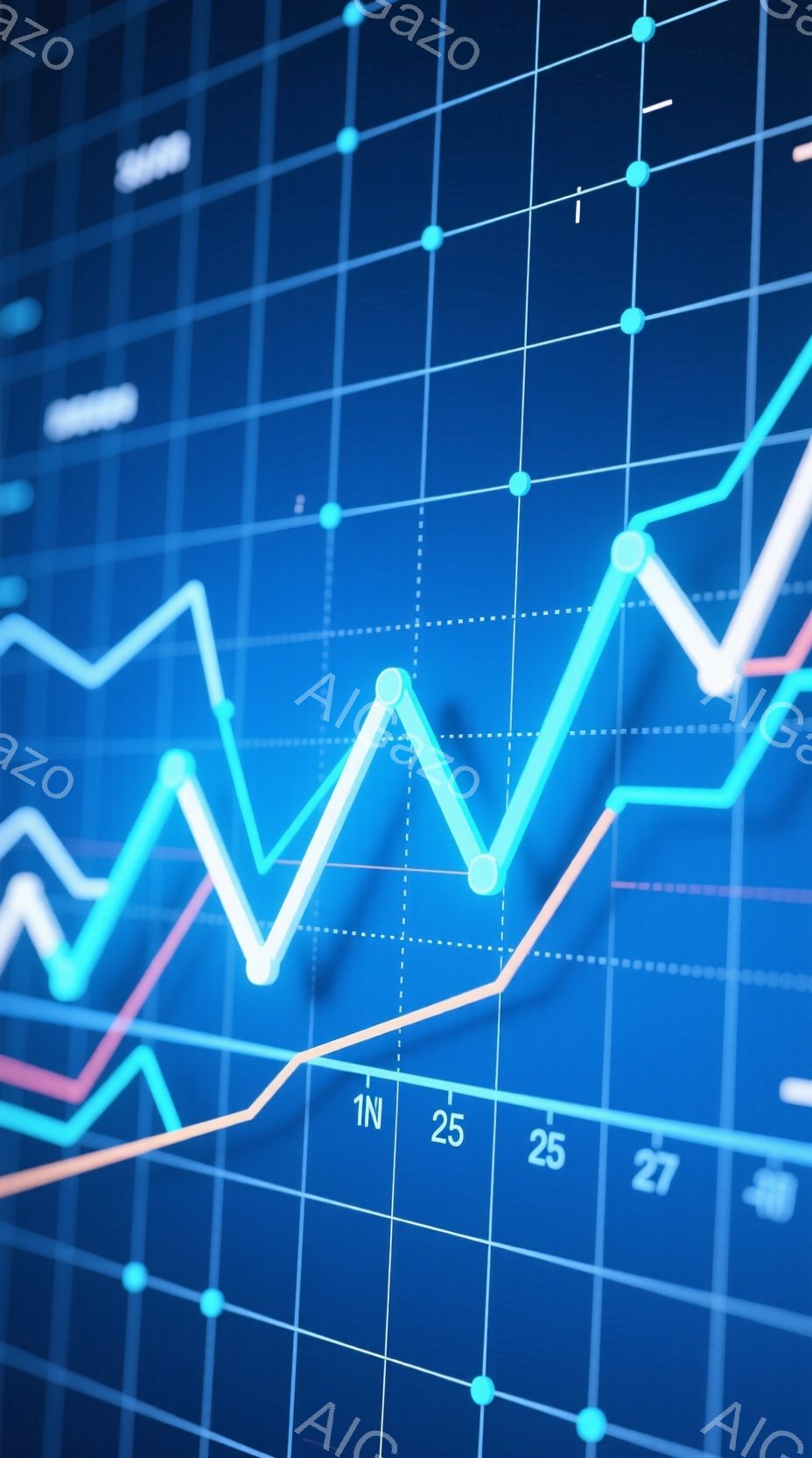 この画像は、青い背景に格子状の線が引かれたグラフが描かれており、複数の折れ線グラフが複雑に交差している様子を示しています。グラフは、数値のラベル「1N」「25」「27」が示されており、データの変動やトレンドを視覚的に表しているようです。全体的に、データ分析や金融市場などの情報を表現した抽象的なイメージです。