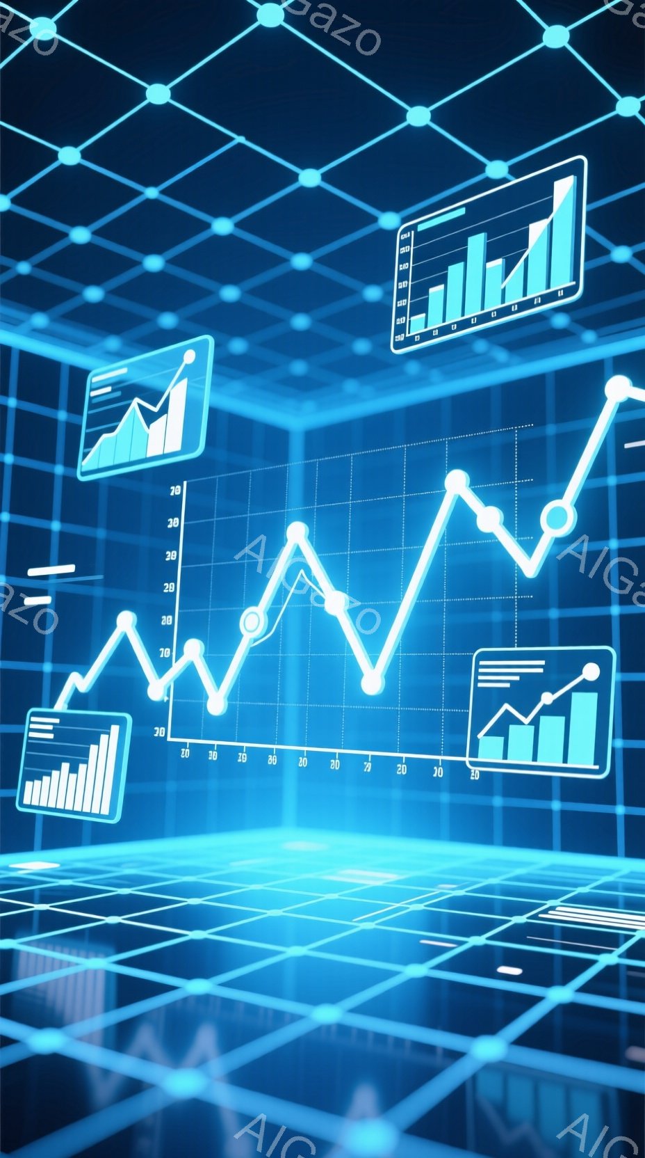この画像は、青を基調とした未来的なグラフとデータ視覚化の表現です。線グラフが前景に浮かび上がり、背景にはグリッド状のパターンが広がっています。全体的に、テクノロジー、金融、成長といった概念を連想させる、洗練されたデジタルアートの雰囲気です。