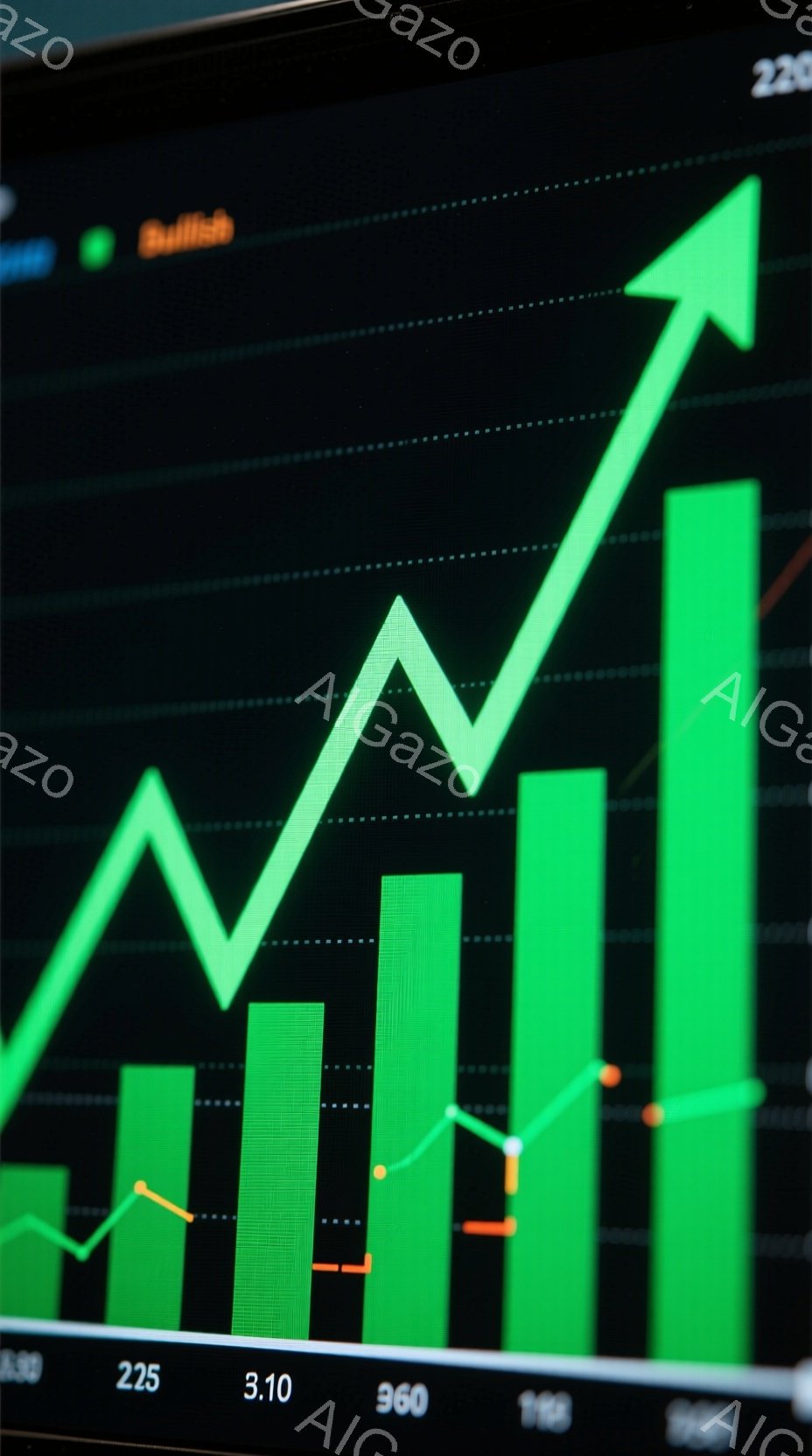 鮮やかな緑色の棒グラフと上昇する折れ線グラフが画面を埋め尽くしています。画面下部には数字の「225」「3.10」「960」「1.66」が小さく表示されており、グラフのデータを示唆しています。全体的に、これは金融市場の成長や株価の変動を視覚的に表現したもので、活気と上昇の雰囲気を醸し出しています。