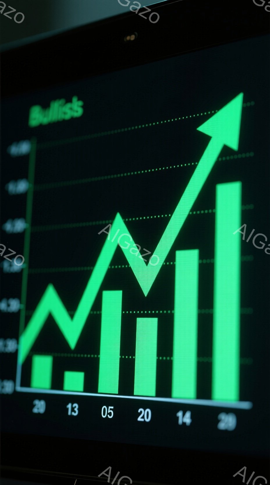鮮やかな緑色の棒グラフが黒い背景に表示されており、上昇傾向を示している。グラフの下には数字の「20」「13」「05」「20」「14」「29」が並び、グラフの上部には「Bullish」という文字が小さく表示されている。全体的に市場の成長や株価の上昇を示すような、金融関連のイメージが感じられる。