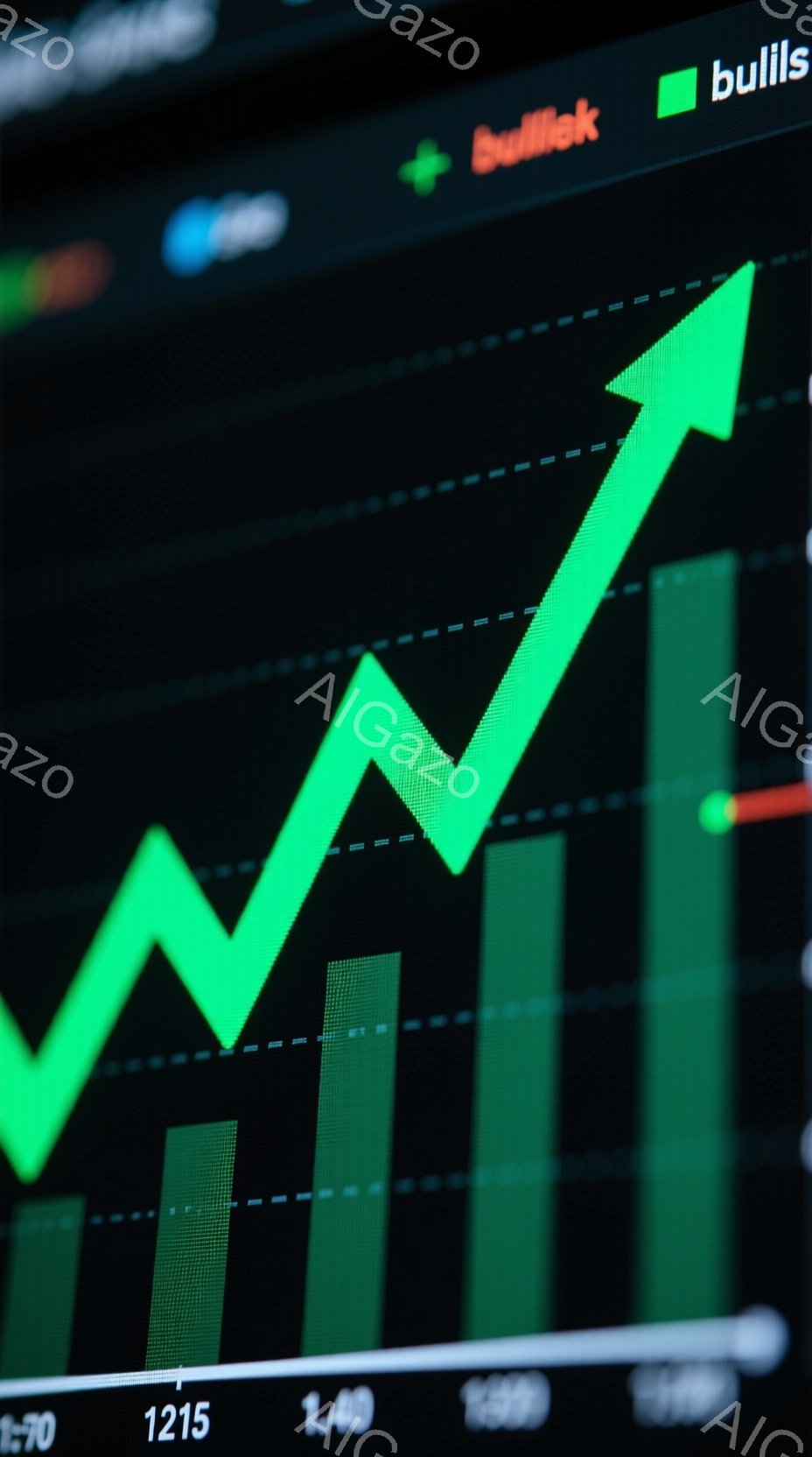 鮮やかな緑色の線が上昇傾向を示すグラフが画面全体を占めています。背景は暗いグレーで、下部に時間のような数値が表示されています。全体的に、市場の成長や経済のポジティブな動向を示す視覚的な表現であり、ダイナミックで希望に満ちた雰囲気です。