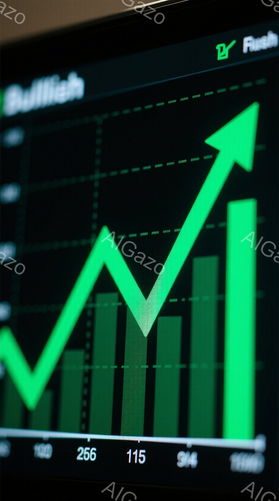 この画像は、上昇トレンドを示す緑色の線グラフと棒グラフが並んだ金融チャートの一部を捉えています。画面には「Bullish」という言葉と数値が小さく表示されており、投資や経済状況の好調な動きを暗示してい - AI生成フリー素材