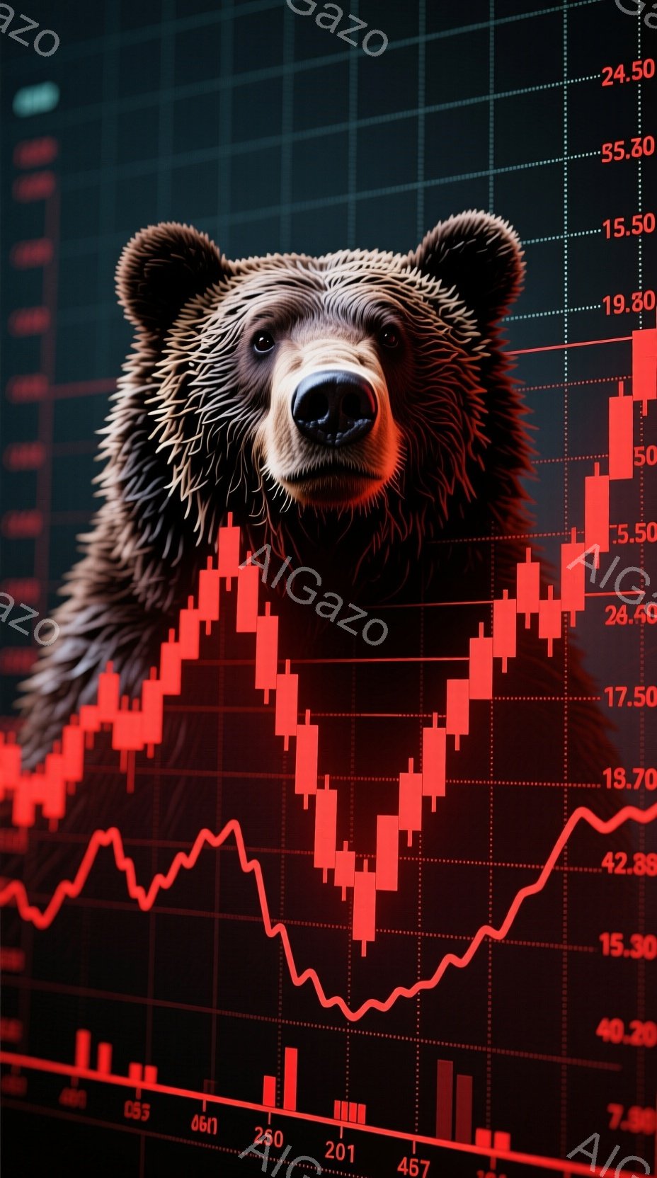 巨大な赤い下降トレンドのチャートの上に、クマの顔が大きく描かれています。クマは暗い毛並みで、鋭い視線を正面に向けています。チャートは金融市場の変動を示唆し、クマのイメージと合わせて、弱気市場（ベアマーケット）を象徴しているように見えます。