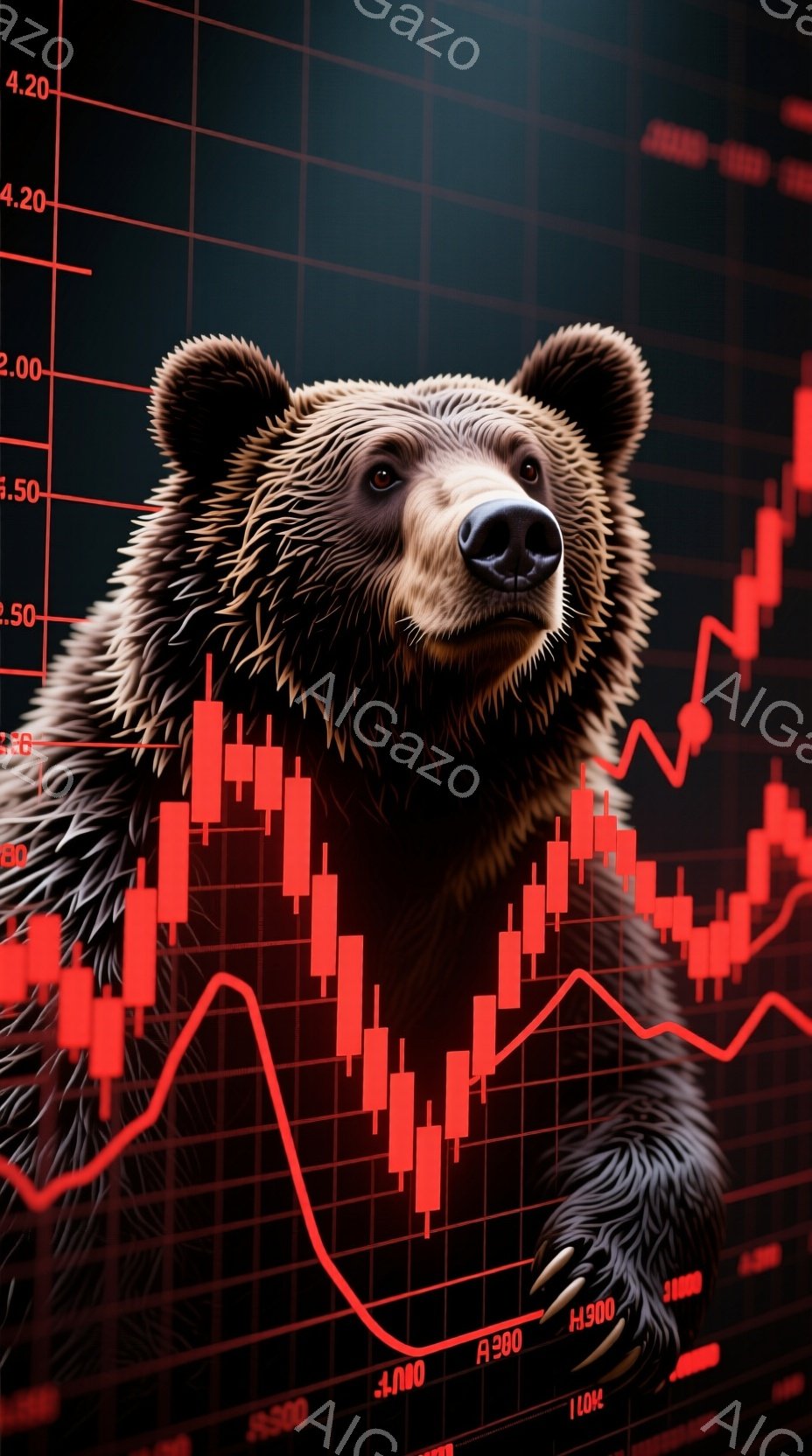 画像は、金融チャートを背景にしたクマのクローズアップです。クマは暗い毛並みを持ち、真っ直ぐ前を見つめ、落ち着いた表情をしています。背景には、赤と緑の線が織りなす複雑なチャートがあり、金融市場の変動を暗示しています。