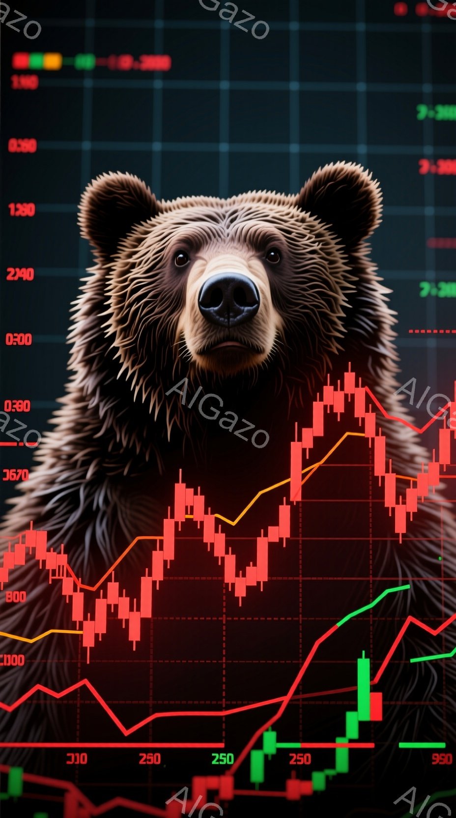 画像は、金融市場のチャートを背景にしたクマの顔のクローズアップです。チャートは赤と緑のキャンドルスティックで構成され、価格変動を表しています。クマは正面を向き、真剣な表情で、金融市場の不安定さと力強い存在感を象徴しているように見えます。