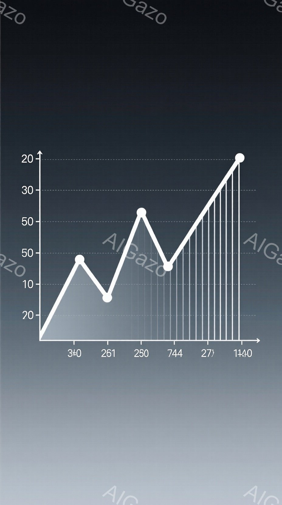 この画像は、白線で描かれた折れ線グラフを示しています。横軸には340、261、250、744、27、1140という数値が記され、縦軸は20から50まで示されています。グラフは、これらの数値に対応する地点で接続され、全体として上昇傾向を示唆しています。