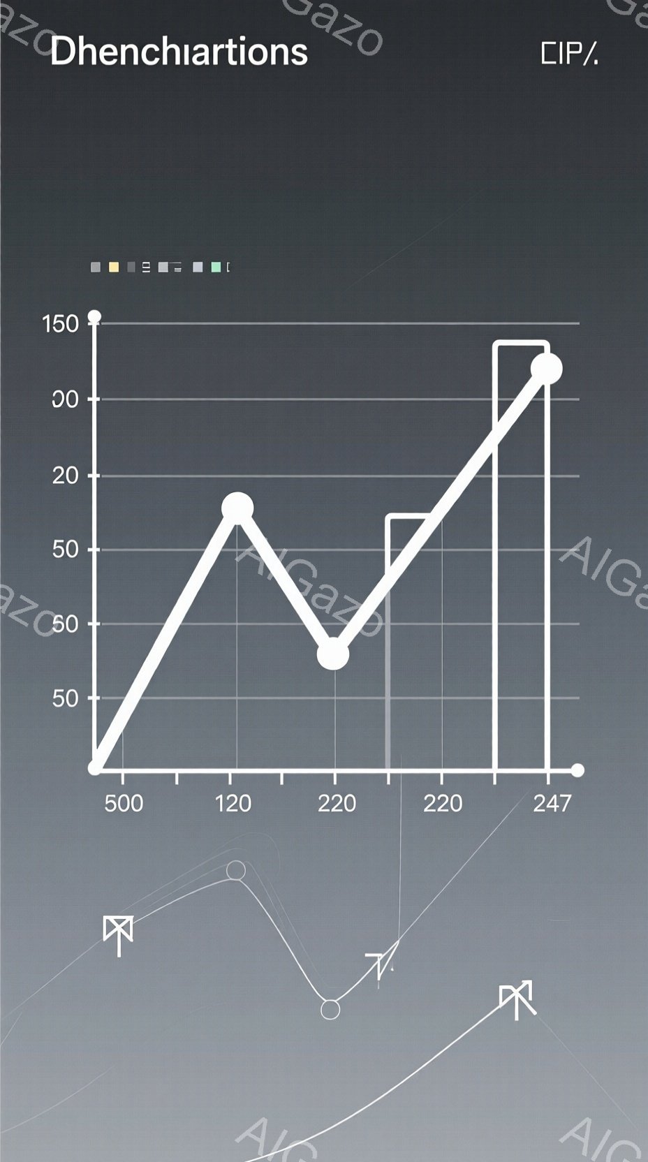 この画像は、白い線で描かれたグラフと、背景にぼかした曲線が複数描かれた抽象的な構成です。グラフは、横軸に500、120、220、247という数値が表示され、縦軸は0から150まで示されており、数値の変化を示すように線が描かれています。全体的に、データや成長、変化を視覚的に表現している印象を与え、抽象的な背景が未来的な雰囲気を醸し出しています。