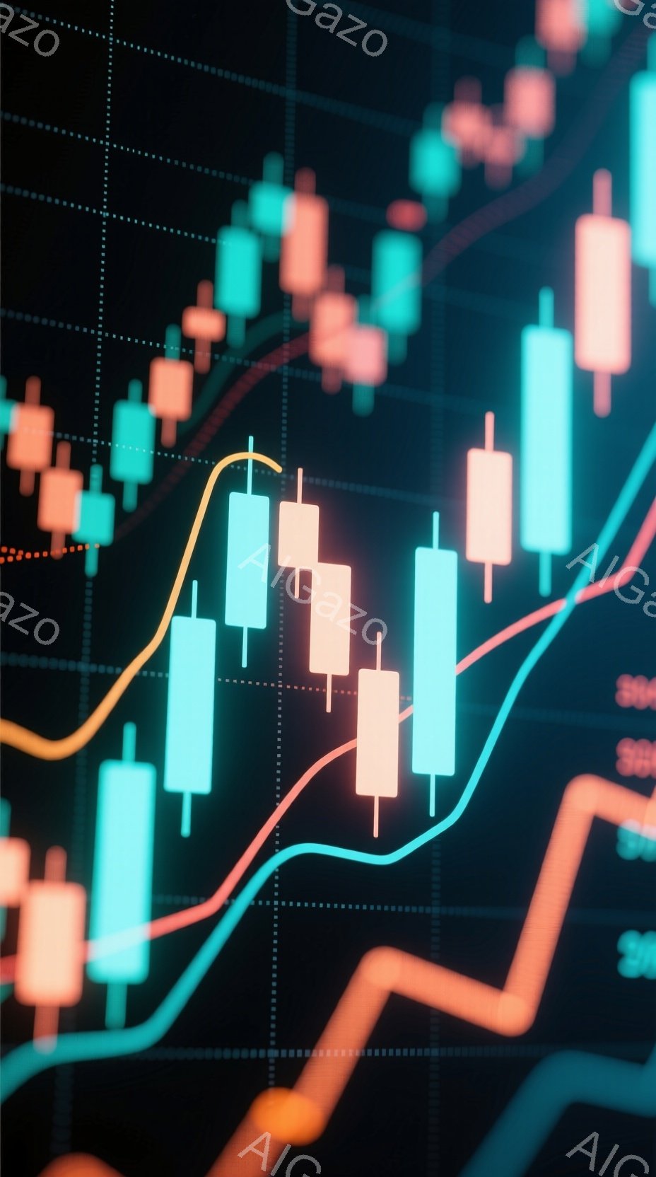 この画像は、金融市場のチャートを強調した抽象的な表現です。鮮やかな緑とオレンジのローソク足が、複雑なネットワーク状の線の上に配置され、市場の変動を視覚的に示しています。全体的に、この画像はダイナミック - AI生成フリー素材