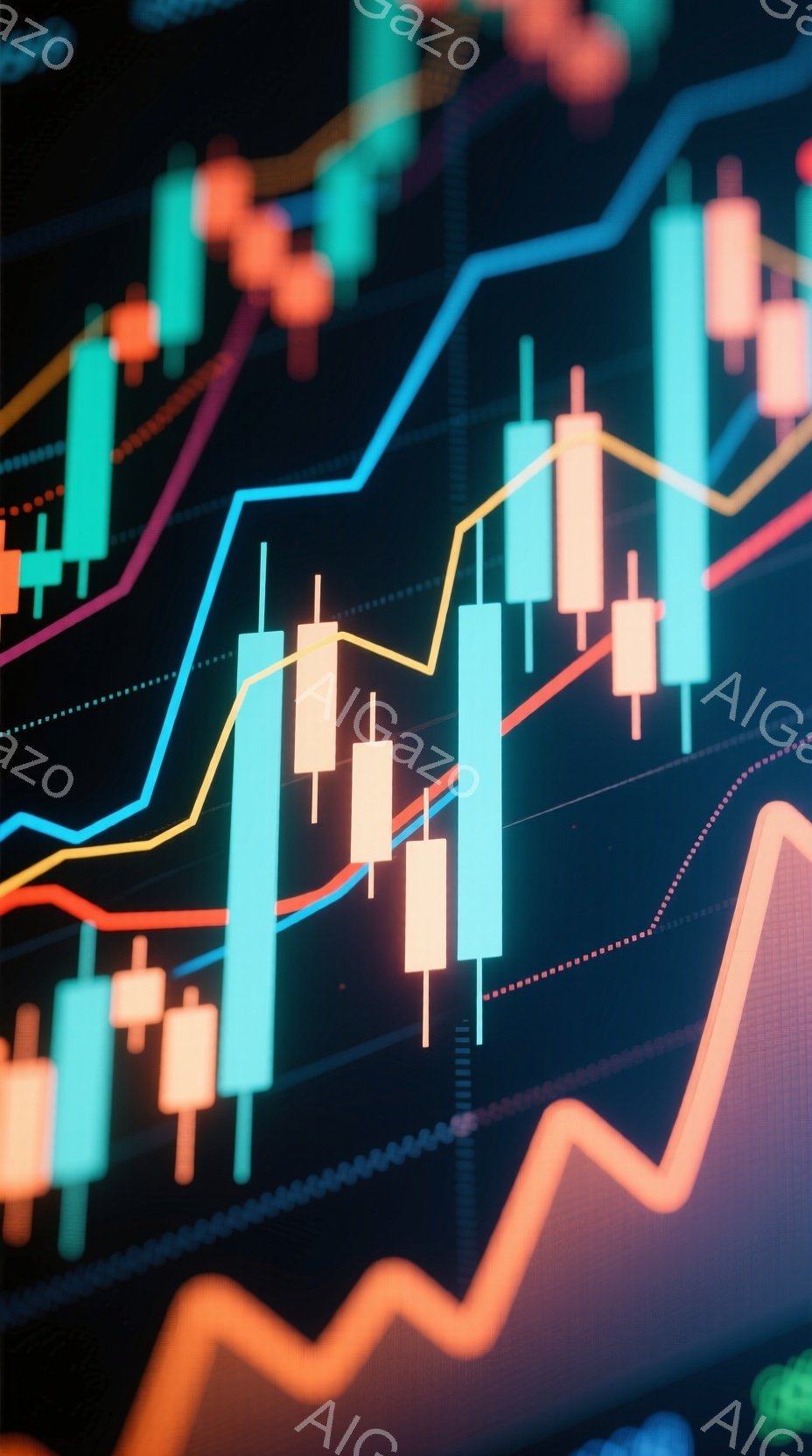 この画像は、さまざまな色のキャンドルチャートが重なり合った、金融市場の変動を示すグラフです。オレンジ色の線は上昇傾向を示し、青い線は比較的安定した状態を示しています。全体的に、活気があり、市場のダイナミズムを表現した抽象的な背景画像です。