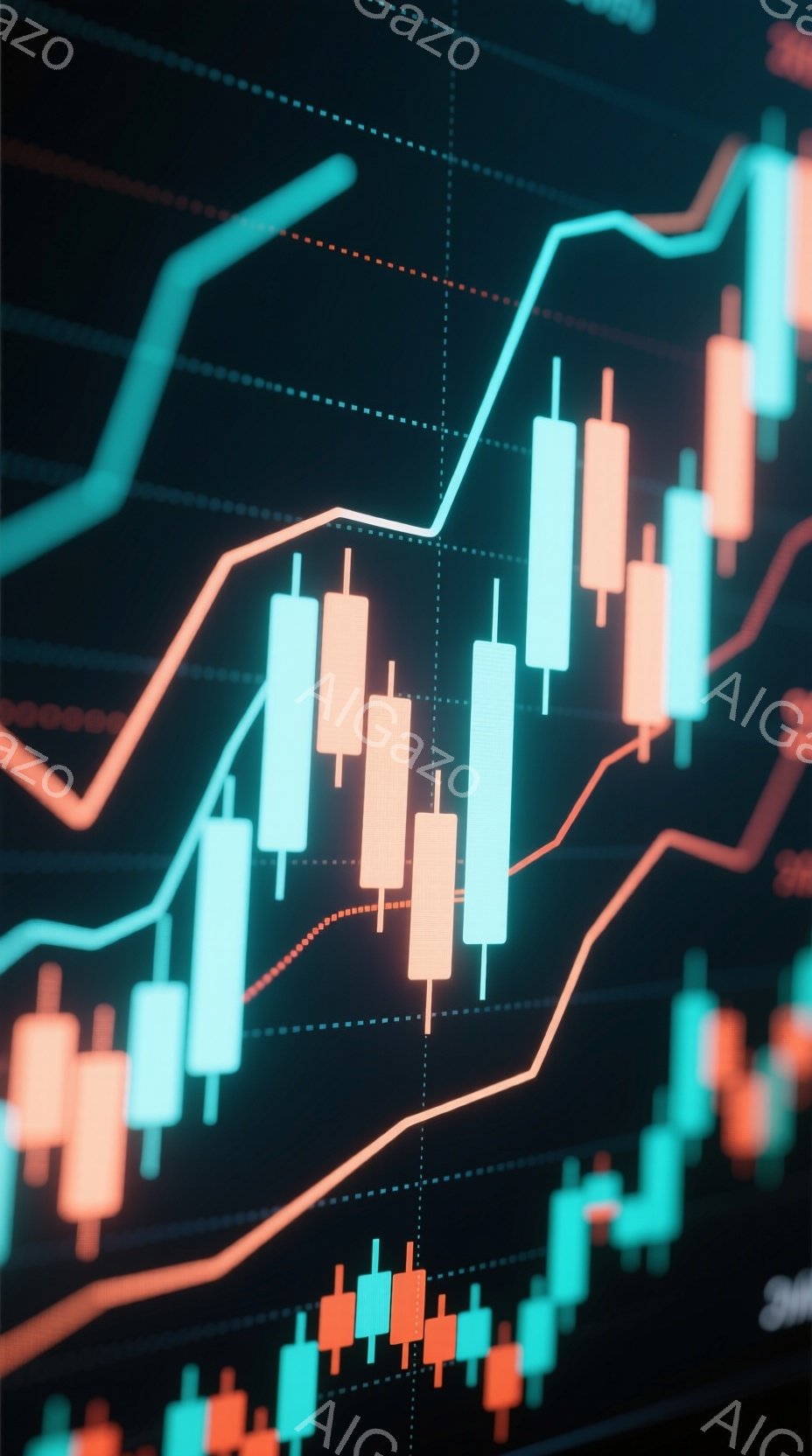 この画像は、ターコイズブルーとオレンジ色のキャンドルスティックチャートが主要な要素です。チャートは暗い背景に鮮やかに表示され、上昇と下降の市場トレンドを表しています。線グラフがチャートの上部に重ねて表示されており、複雑な金融データの視覚化を示唆しています。