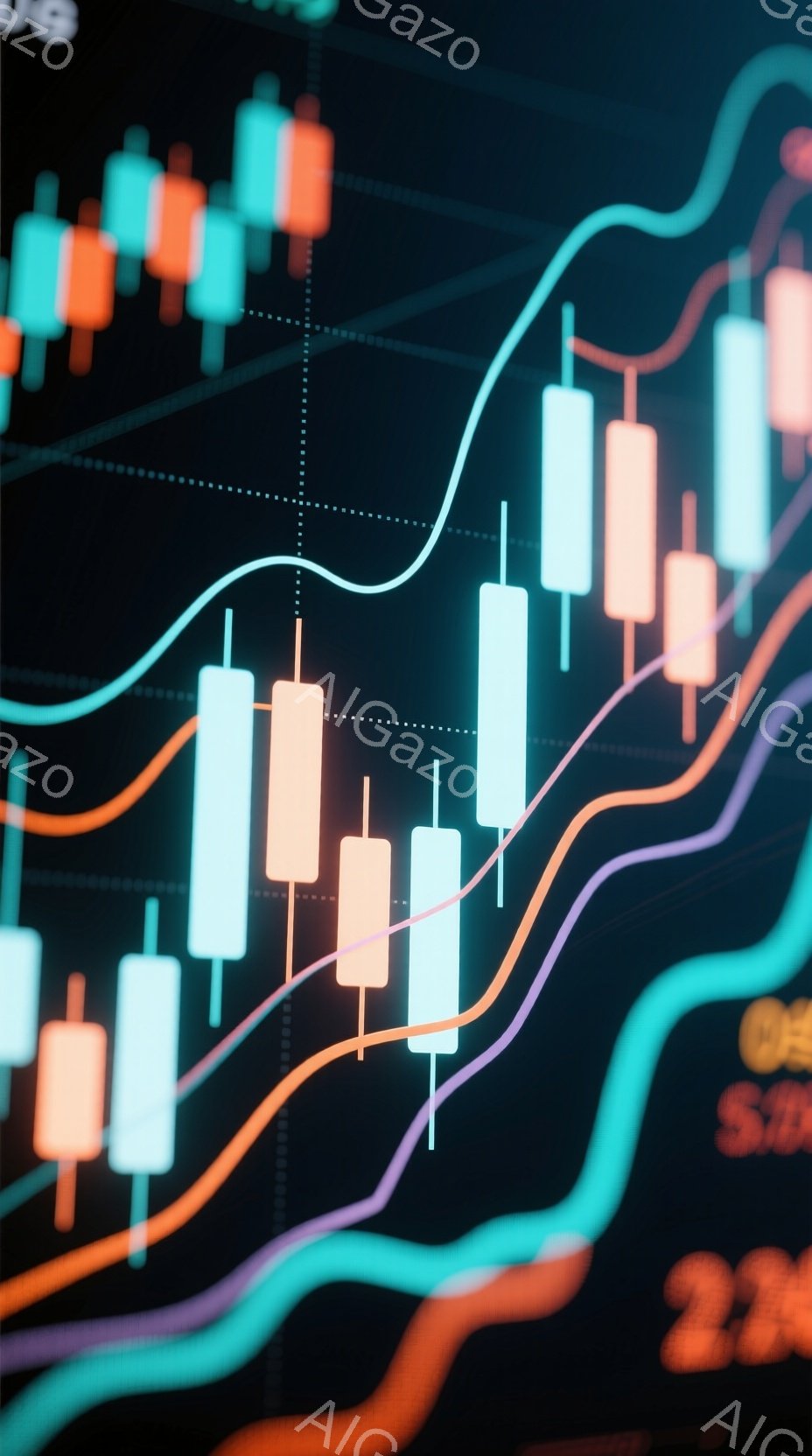 鮮やかな色のキャンドルスティックチャートが黒い背景に描かれており、オレンジ、水色、紫色の線が複雑に交差しています。キャンドルは上昇と下降を示す棒と箱で構成され、市場のトレンドを視覚的に表現しています。全体的に、活気に満ちたデータ視覚化の抽象的なイメージで、金融市場や投資の雰囲気を想起させます。