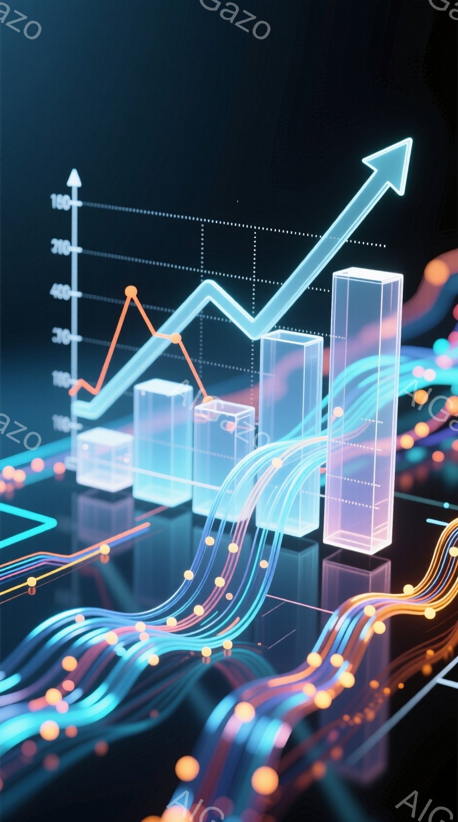 この画像は、明るい未来を象徴するような、抽象的なグラフと光の線で構成されています。青、オレンジ、ピンクの光線が立体的な棒グラフの上を流れ、成長と進歩のダイナミックなイメージを形成しています。背景は暗く、光の線が際立ち、全体的に未来的な雰囲気です。
