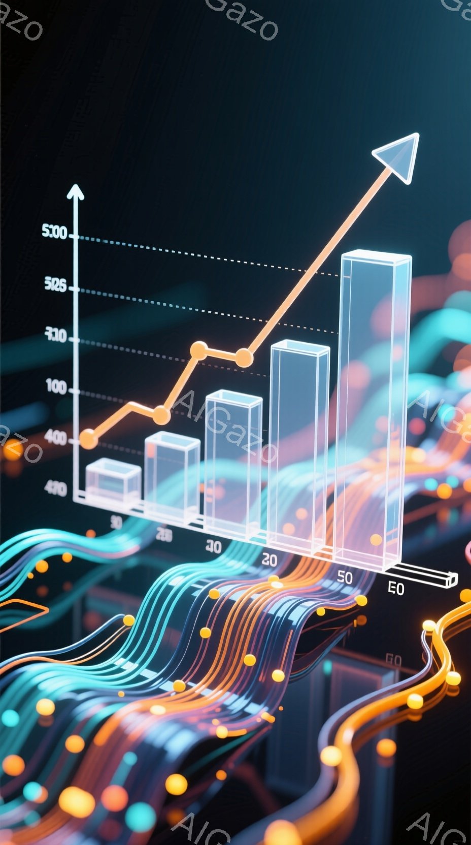 鮮やかなネオンカラーの光の筋が、暗い背景を駆け巡り、未来的な印象を与えています。背景には、数値が記された透明な棒グラフが浮かび上がり、右肩上がりの成長を示唆しています。全体的に、テクノロジー、データ、 - AI生成フリー素材