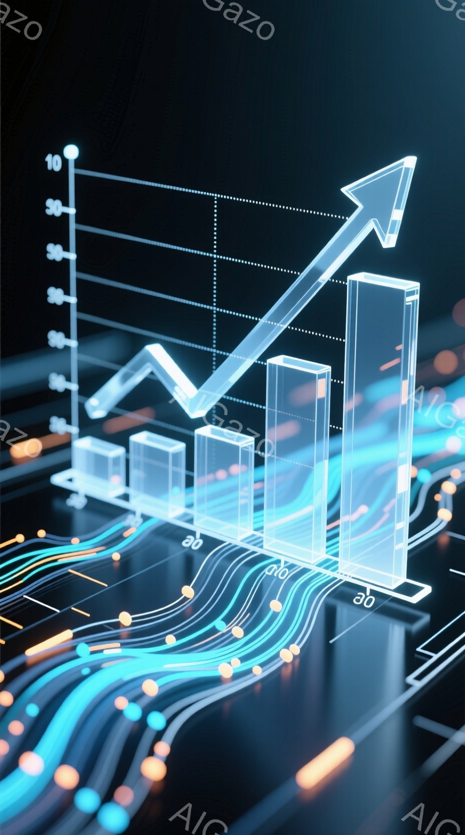 この画像は、光沢のある青色の回路基板の上に構築された成長を示す棒グラフと上昇矢印を特徴としています。グラフは未来的なデザインで、青とオレンジの色合いが使用され、全体的にテクノロジーと進歩の雰囲気を醸し出しています。背景は暗く、回路の光が目立ち、デジタル世界のイメージを強調しています。