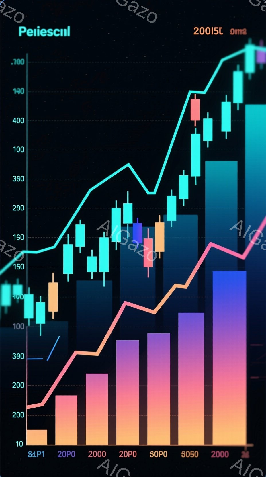 この画像は、株価チャートのような金融データを視覚化したものです。緑と赤のロウソク足のパターンが、価格変動を示しており、赤い線は上昇傾向を示しています。背景には、紫色のバーグラフが並び、全体的に金融市場のダイナミズムと将来への期待感を表現しています。