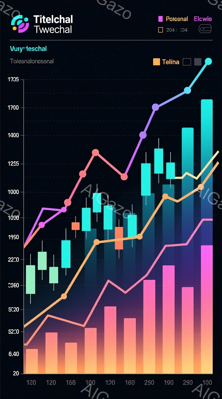 この画像は、ピンクと紫を基調とした背景に、様々な色の棒グラフと折れ線グラフが描かれた金融チャートです。棒グラフは緑色で上昇、赤色で下降を表し、折れ線グラフは紫とピンクで、市場のトレンドを示唆しています。全体的に、市場の変動と成長のダイナミックな動きを視覚的に表現したデザインです。