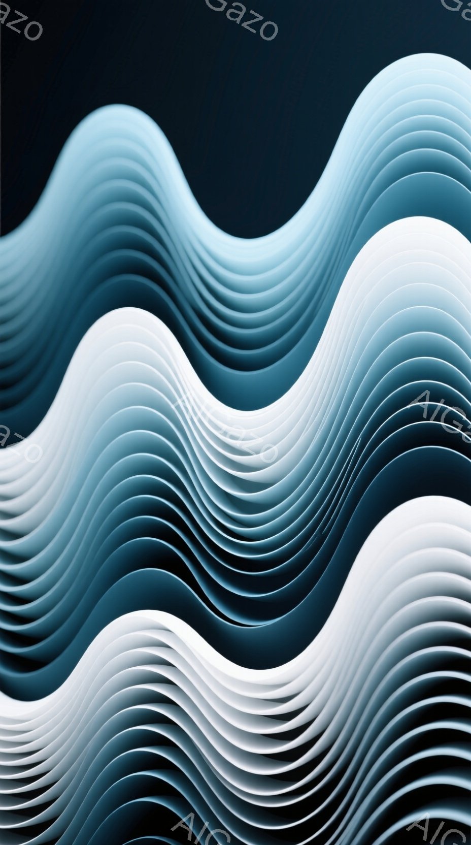 鮮やかな青と白の曲線が幾重にも重なり合い、まるで波のような視覚的なリズムを生み出しています。背景は暗く、これらの曲線が際立って見え、立体感と奥行きを感じさせます。全体的に流動的で抽象的な印象を与え、見る者の想像力を掻き立てる作品です。