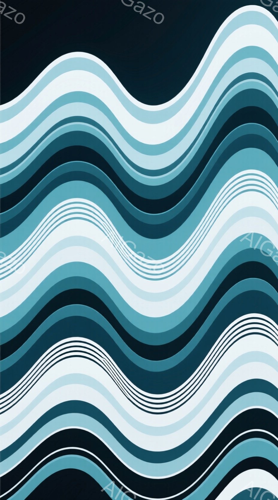 この画像は、濃い青から薄い青、白の水平線が繰り返される抽象的なデザインです。線は波のようにカーブしており、滑らかで流動的な印象を与えます。背景は黒色で、線のコントラストが強調され、視覚的にダイナミック - AI生成フリー素材