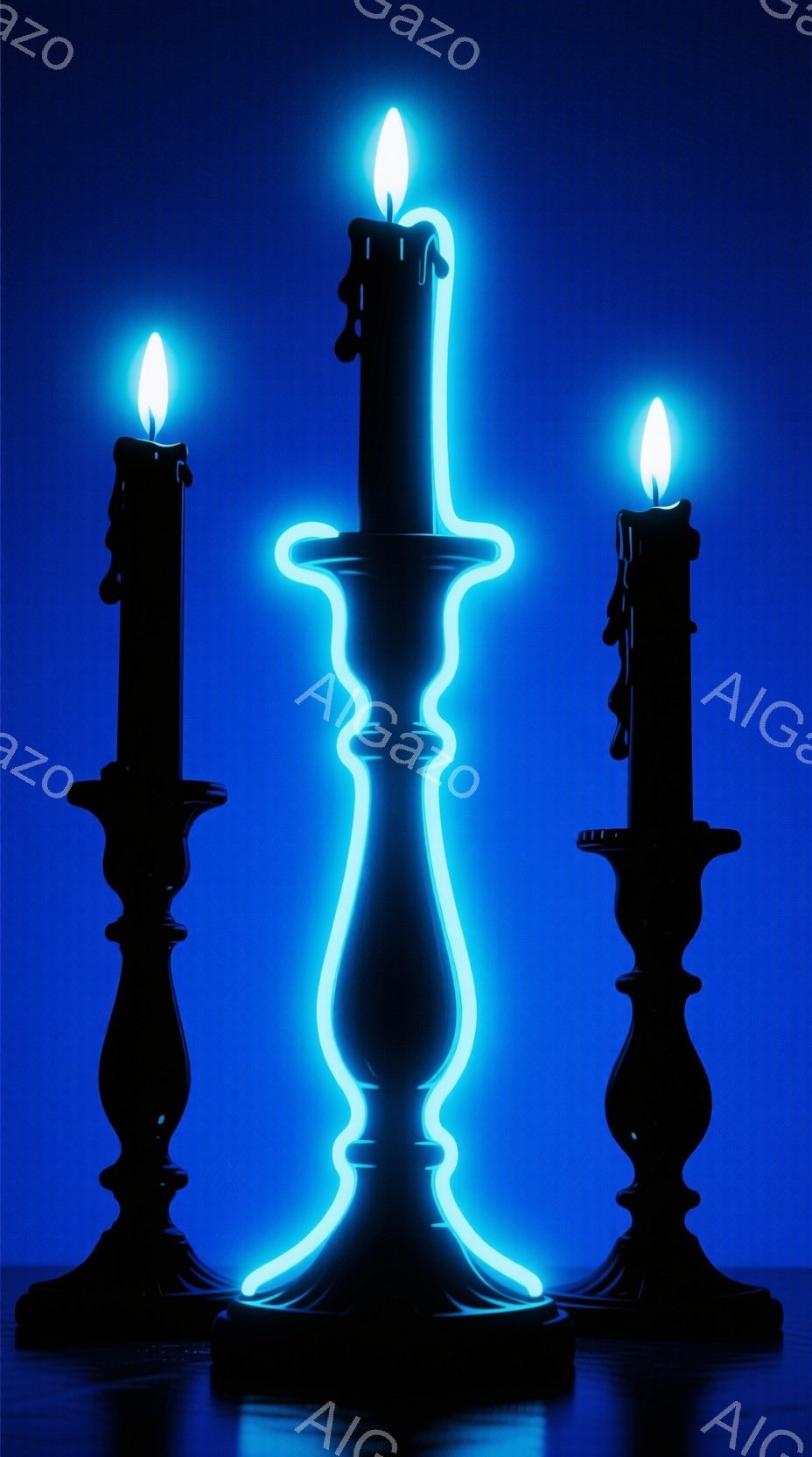 鮮やかな青色の背景に、左右に黒い燭台と中央に青く光る人物のシルエットが配置されています。中央のシルエットは、まるで溶けた蝋のようで、燭台から伸びる光のようにも見え、神秘的な雰囲気を醸し出しています。全 - AI生成フリー素材