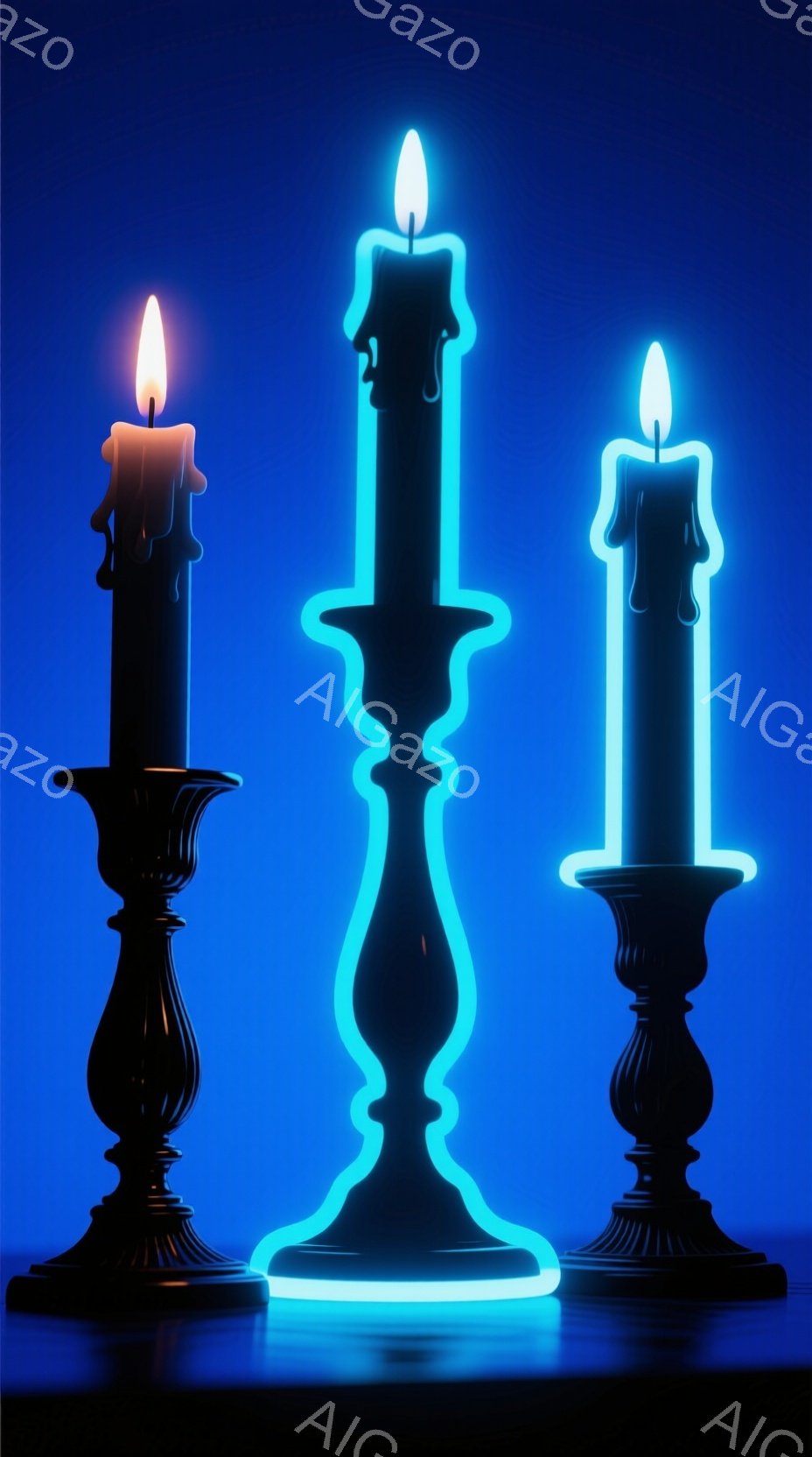 画像には、青い背景を背景にした3つのキャンドルが並んでいます。左と右のキャンドルは黒く、炎が点灯しており、中央のキャンドルはネオンライトのような明るい青色の輪郭で構成されています。全体的に、神秘的で現代的な雰囲気が漂っています。