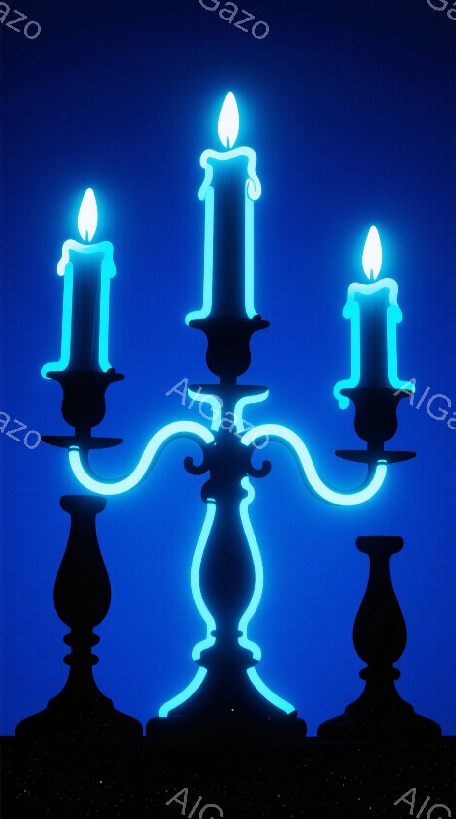 鮮やかな青色のネオンライトで描かれたシャンデリアが、暗い青色の背景に浮かび上がっています。シャンデリアは、3本のねじれた脚と、それぞれの脚に設置された燃え盛る炎の形をしたネオンライトで構成されています。全体的に、幻想的で神秘的な雰囲気を醸し出しており、まるで夜空に浮かぶ光の彫刻のようです。