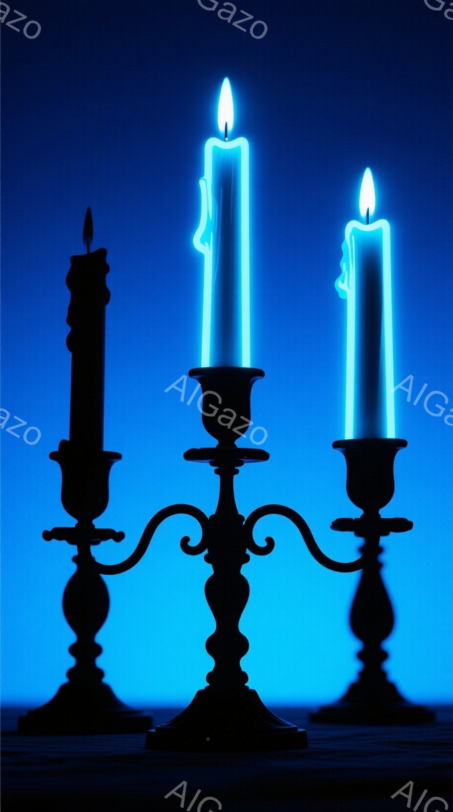 画像は、青い背景を背景にした、装飾的な燭台に立てられた3本の蝋燭を示しています。中央の蝋燭と右側の蝋燭は、明るい青色の光で強調されており、まるで溶け始めたかのような歪んだ形をしています。全体の雰囲気は神秘的で、幻想的な光が強いコントラストを生み出しています。