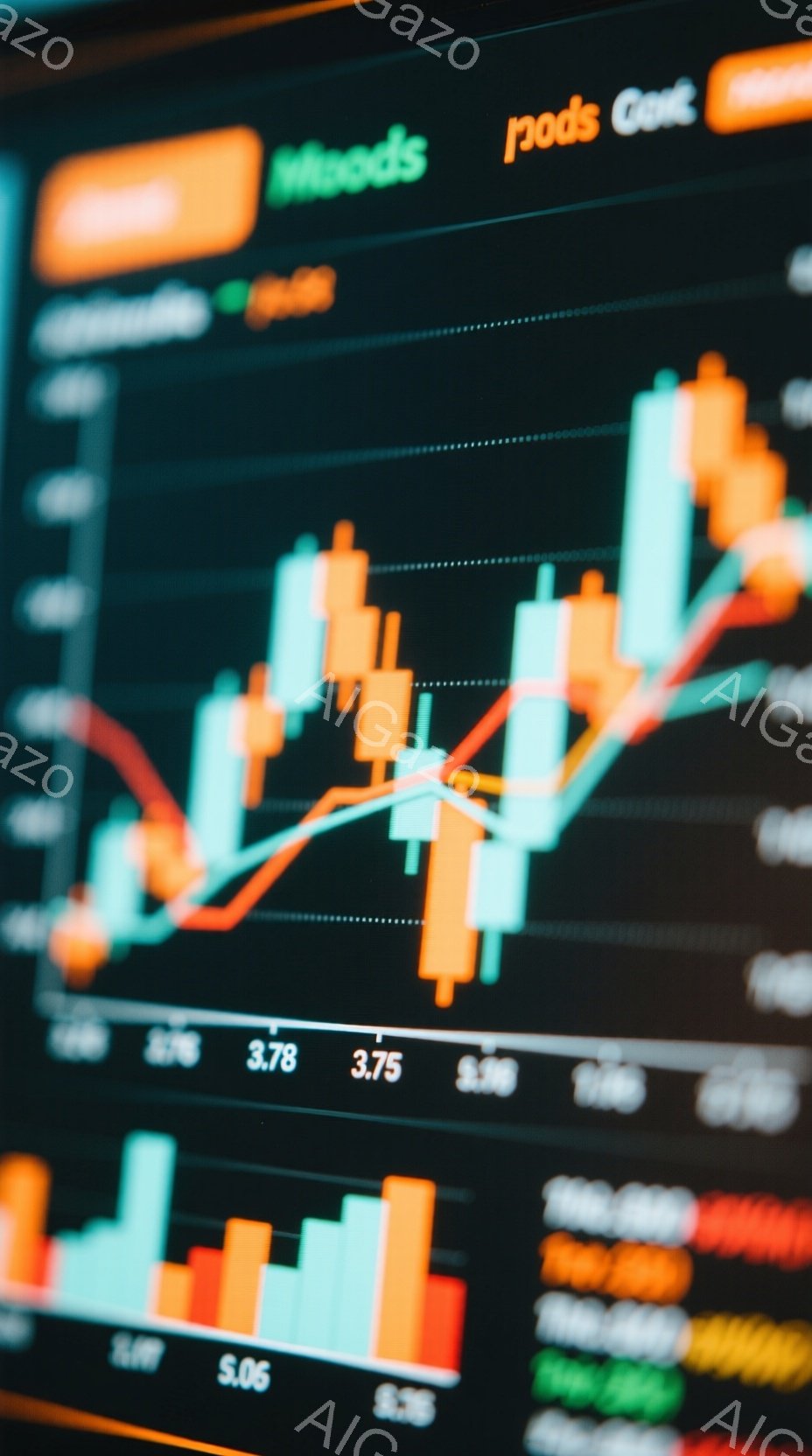 画像は金融市場のチャートを表示した画面のクローズアップです。オレンジ色と緑色の柱状グラフが、株式や為替レートの変動を示しており、数字は3.78、3.75、5.06などの価格を示しています。全体的に暗い背景に明るい色のグラフが鮮やかに映り、経済状況の変動と分析を想起させる雰囲気です。