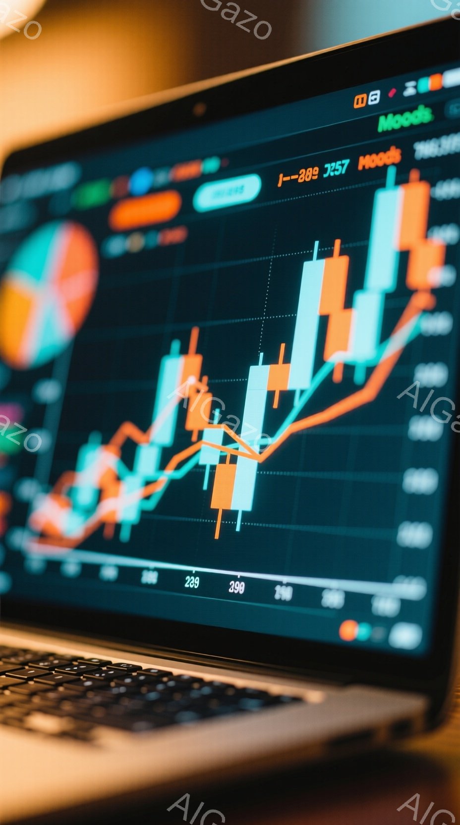 ノートパソコンの画面には、カラフルな棒グラフと折れ線グラフが映し出されており、金融市場のデータや分析結果を示唆している。画面下部には数字が並び、全体的に青とオレンジの色調が印象的で、専門的なデータ分析の場を連想させる。背景はぼやけており、画面に焦点が当たっているため、集中と分析の雰囲気が漂っている。