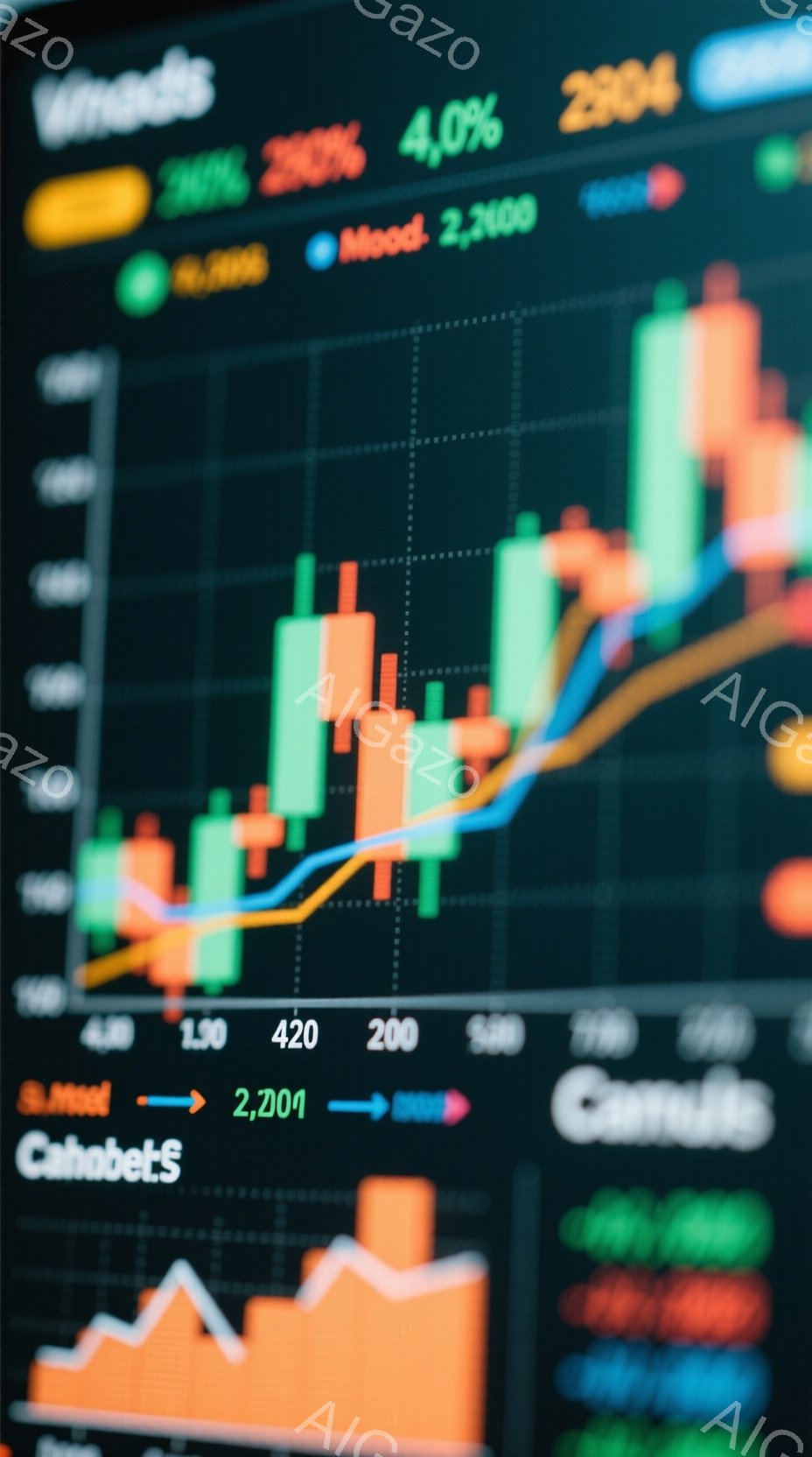 この画像は、金融市場のチャートを鮮明に捉えたものです。緑、オレンジ、青の線が複雑に絡み合い、上昇と下降を視覚的に表現しており、数字やラベルが密集して配置されています。全体的にダイナミックで動きのある印象を与え、市場の変動や投資の状況を表しているようです。