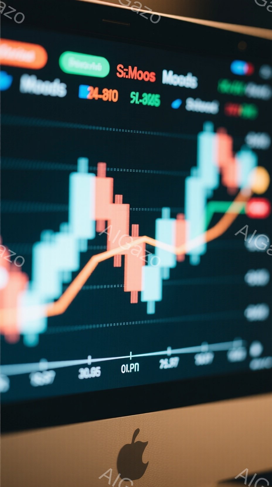 画面には複雑なチャートが表示されており、オレンジ色の線が上昇傾向を示しています。背景は暗く、ノートパソコンの金属的な筐体がわずかに見え、Appleのロゴが中央に配置されています。全体的に、金融市場やデータ分析の雰囲気が漂っています。