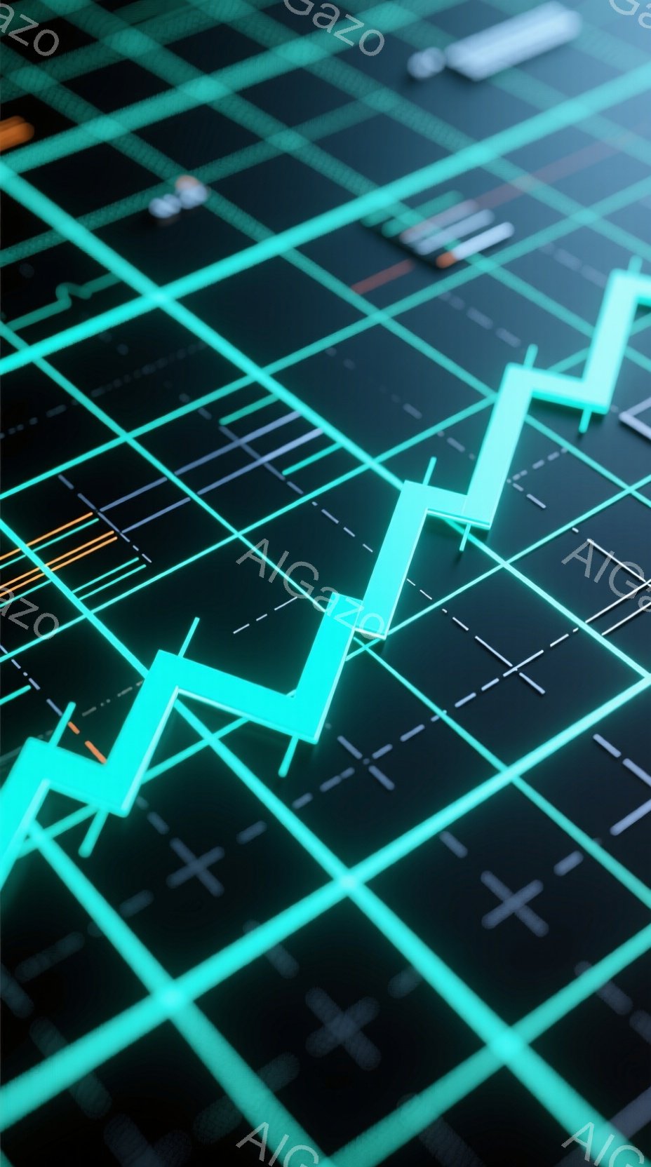 この画像は、暗い背景に光る緑色の線が格子状に並び、その上にオレンジ色の線がいくつか重ねられています。線はグラフのようにも見え、金融市場やデータ分析を連想させる未来的な雰囲気です。全体的に、抽象的でミニマルなデザインが特徴的です。