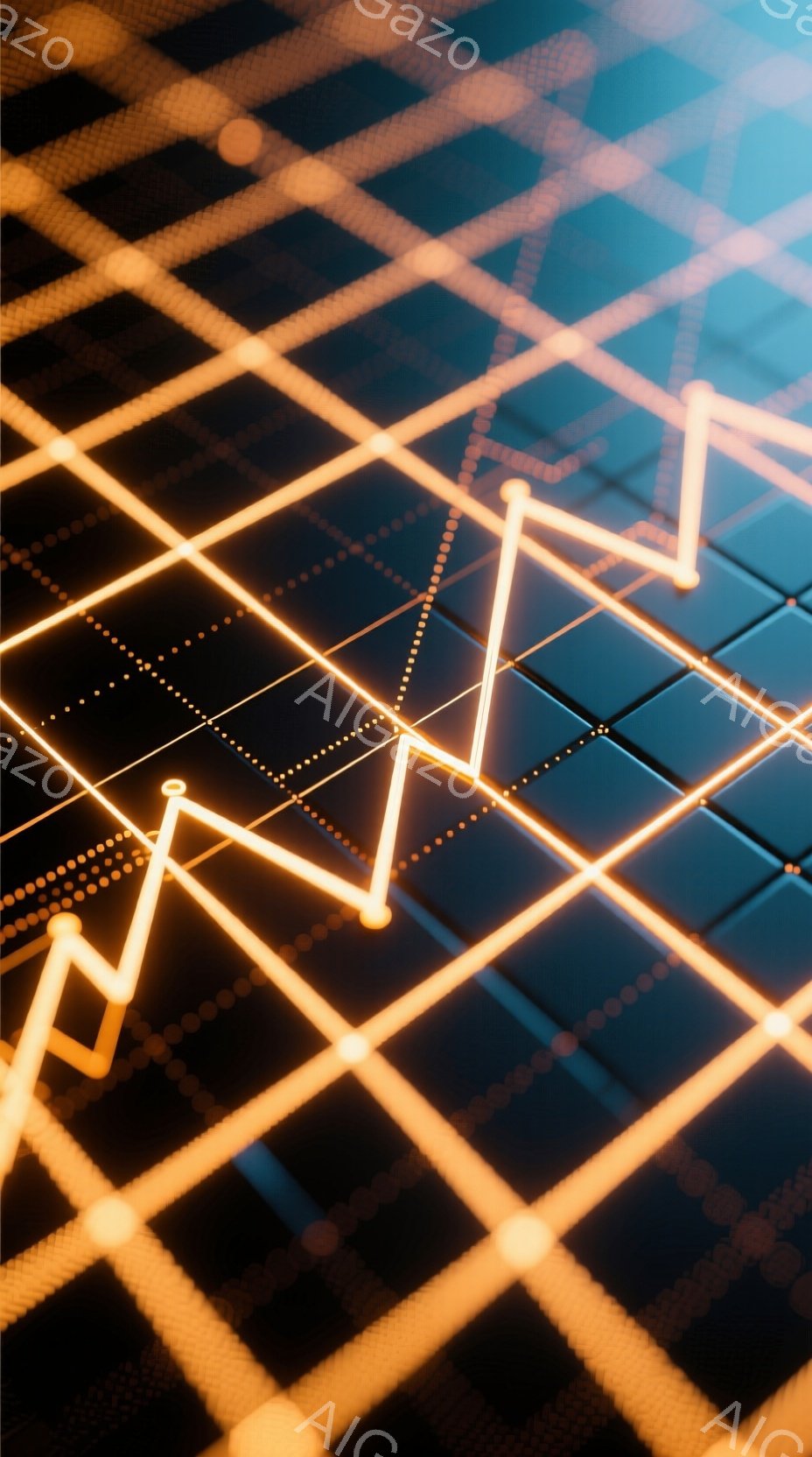 鮮やかなオレンジ色の光が、黒色の格子状の背景の上に、矢印のような線で表現された抽象的な図形が浮かび上がっています。光は点在する小さな光球とつながり、未来的なデジタル空間を思わせる幾何学的な構成を作り出 - AI生成フリー素材