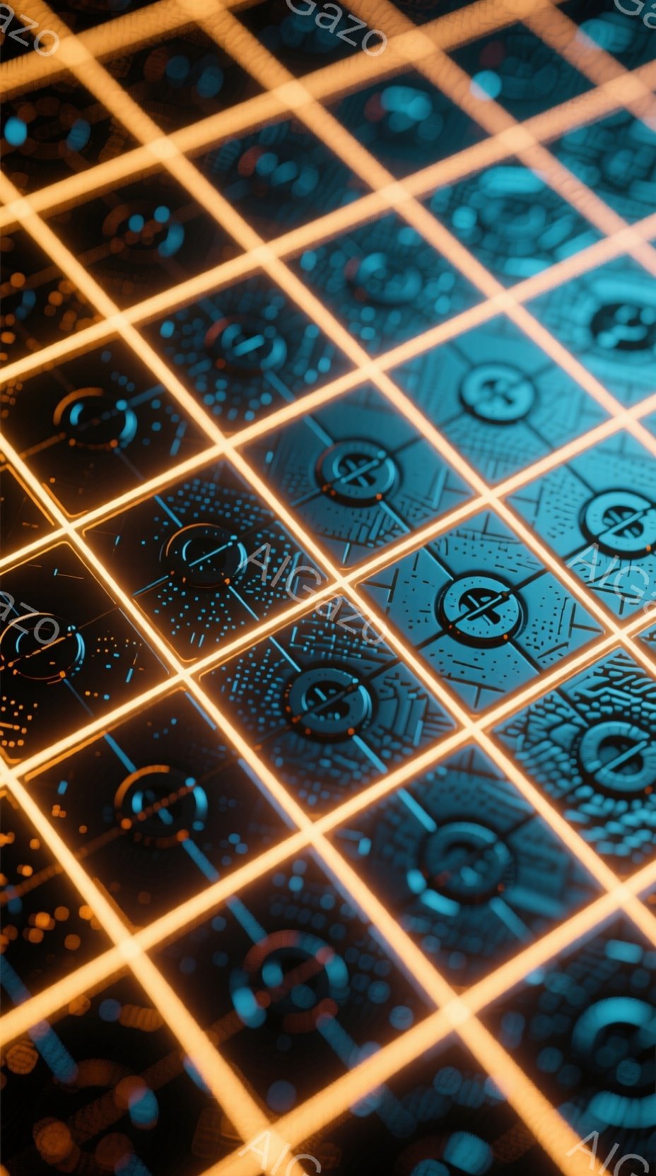 鮮やかなネオンブルーとオレンジ色のグリッド状の背景が印象的です。各正方形には複雑なデザインが施されており、未来的なテクノロジーや回路を連想させます。全体的に、サイバーパンクやデジタルアートのような雰囲 - AI生成フリー素材