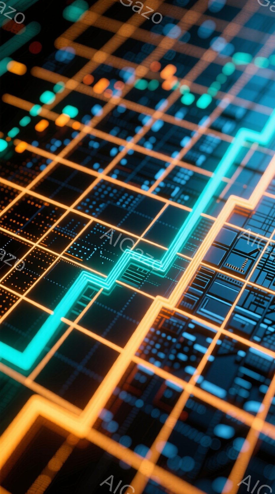 鮮やかなネオンブルーとオレンジ色の線が複雑に絡み合い、未来的な回路基板のようなパターンを形成しています。幾何学的な形状が繰り返され、デジタル世界の内部構造を想起させる鮮烈なビジュアルです。全体的にサイ - AI生成フリー素材