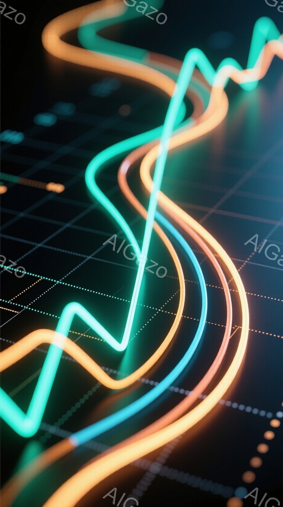 鮮やかなネオンカラーの線が、黒いグリッド状の背景を曲線的に描いています。オレンジ、ターコイズブルー、そして薄い黄色の線が交差し、まるで金融チャートやデータ分析の視覚化のようです。全体的に近未来的でダイナミックな印象を与え、テクノロジーや成長を象徴するような雰囲気です。