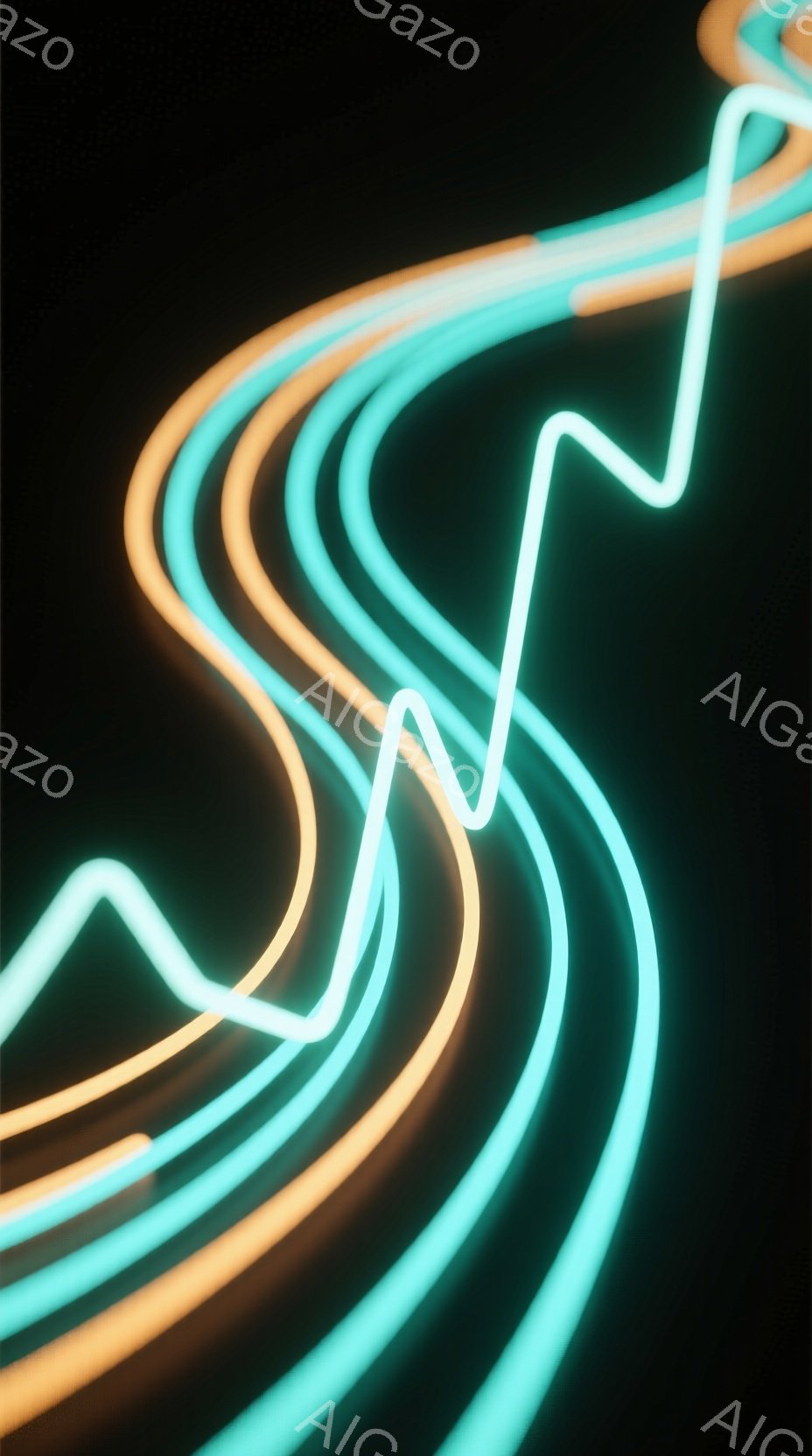 暗い背景に、ターコイズブルーとオレンジ色の光の線が曲線的に流れています。光はまるでエネルギーの流れや光の軌跡のように、滑らかで流動的な印象を与えます。全体的に、神秘的で未来的な雰囲気を醸し出しています - AI生成フリー素材