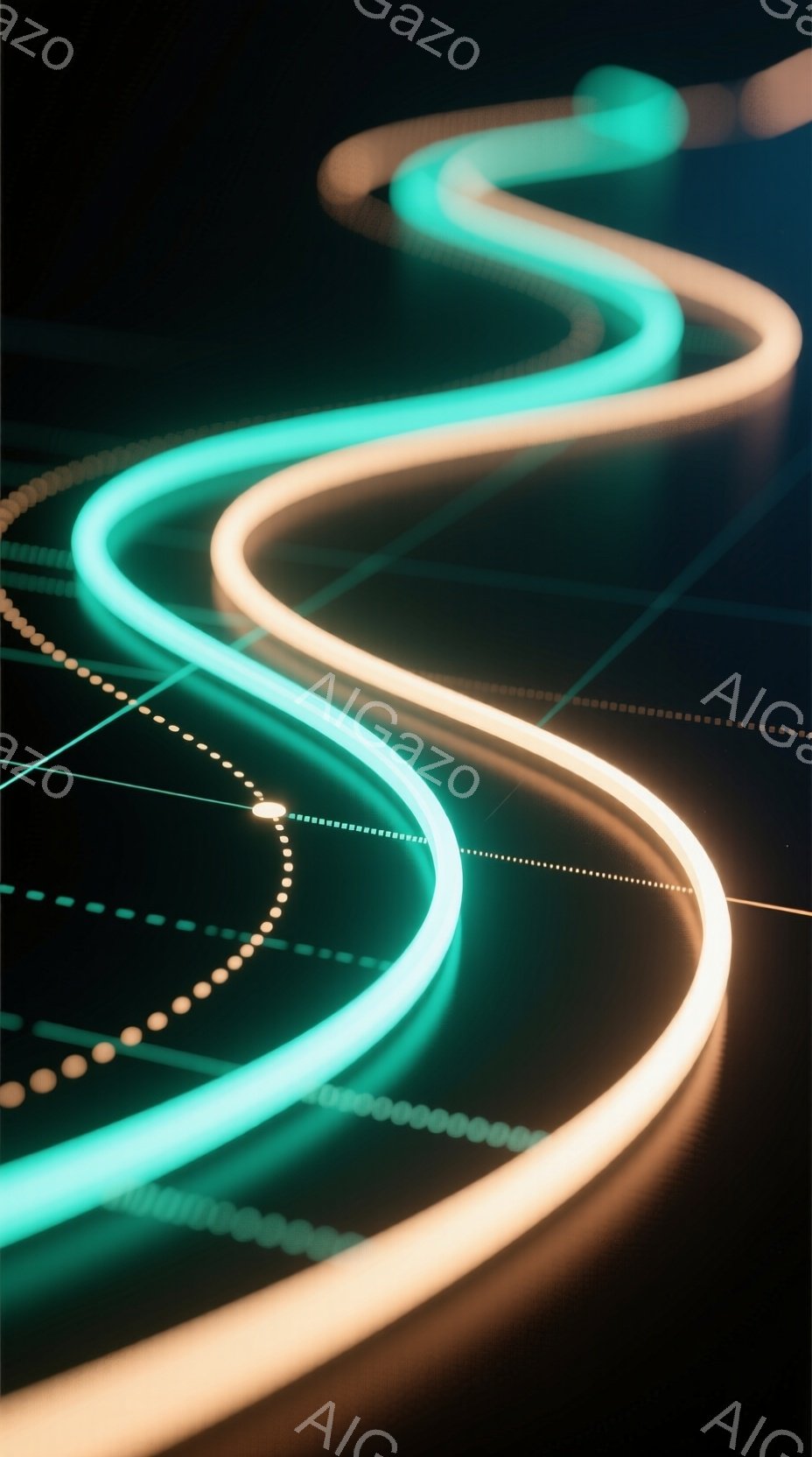 暗い背景に、明るい黄色の光の帯が蛇行しており、その周りを水色の点線が囲んでいます。光の帯はまるで未来的な光の道のような印象を与え、奥行きのある視覚効果を生み出しています。全体的に、光と影のコントラストが強調され、神秘的でテクノロジー感のある雰囲気が漂っています。