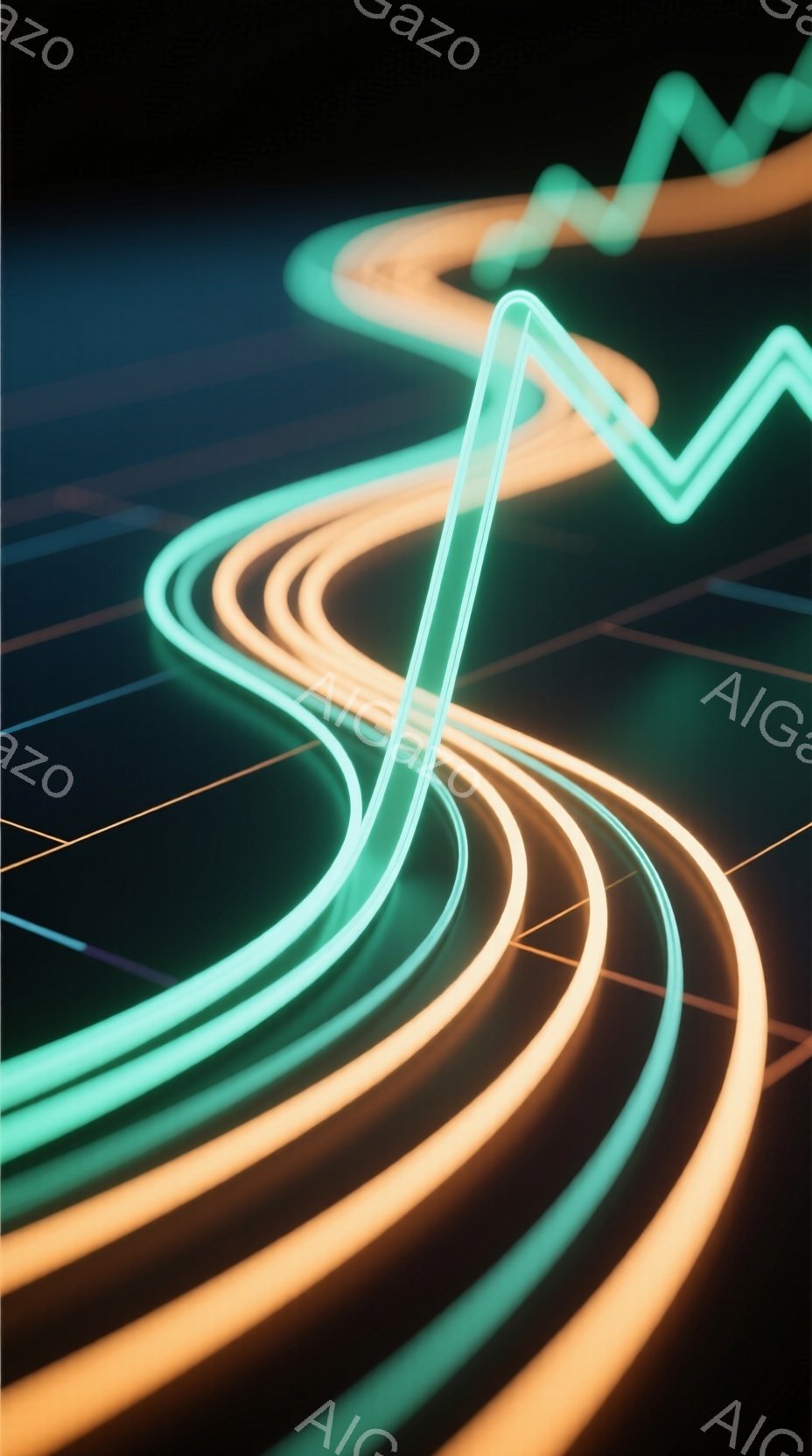 暗闇の中に、鮮やかなターコイズブルーとオレンジ色の光の線が、まるでエネルギーの流れのように流れています。これらの線は、複雑な曲線を描き、未来的な回路やデータの視覚化を連想させます。背景は黒く、光の軌跡 - AI生成フリー素材