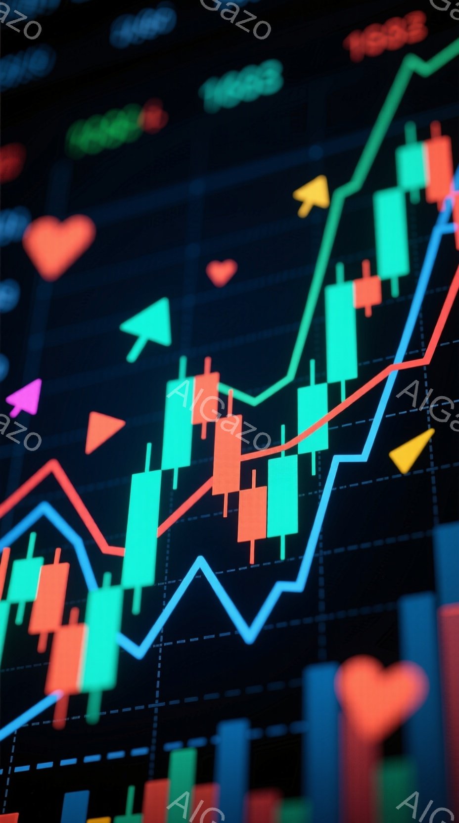 この画像は、明るい背景に様々な色の棒グラフと折れ線グラフが描かれた金融チャートを示しています。赤、緑、青、オレンジ色の棒グラフが不規則に配置され、上昇および下降の傾向を示す折れ線グラフがそれらを横切っています。ハートや三角形のようなカラフルなアイコンがチャート全体に散りばめられており、活気に満ちたダイナミックな雰囲気を作り出しています。