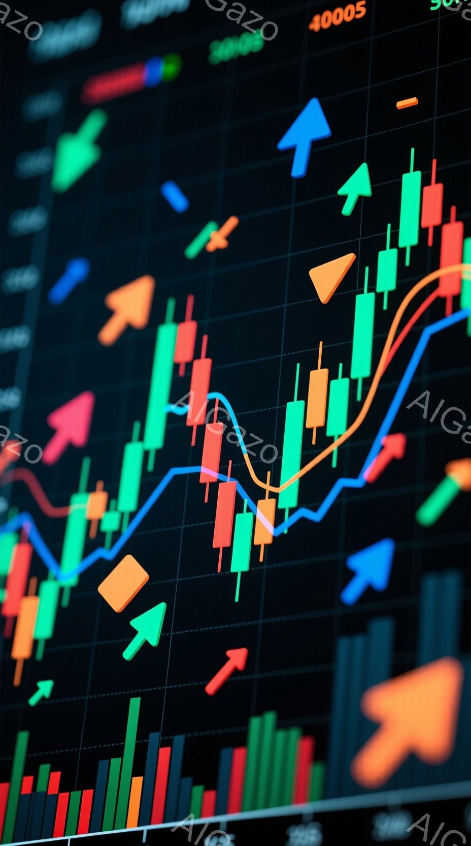 この画像は、金融市場のチャートを鮮明に捉えています。緑と赤の棒グラフが密集し、上昇と下降を示す矢印が散りばめられています。背景は暗く、チャートの線や数字が際立ち、活発な市場の雰囲気を伝えています。