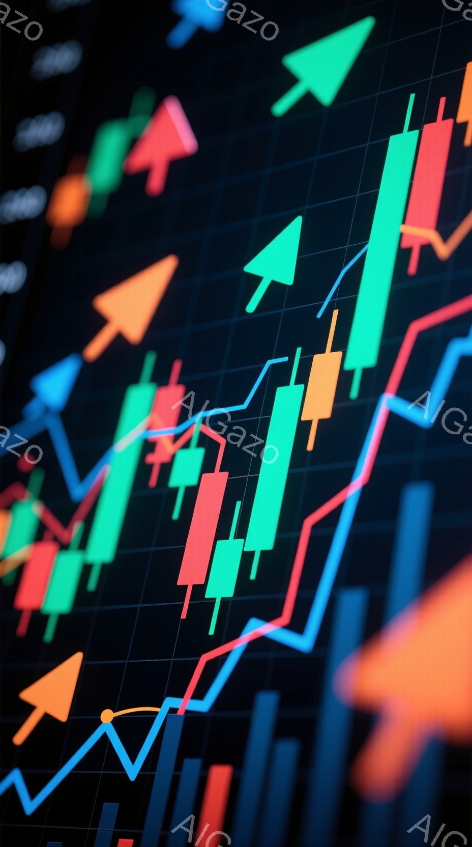 鮮やかな色のキャンドルスティックチャートと折れ線グラフが、暗い背景に並んでいます。緑、赤、オレンジ、青のバーや線が、市場の変動やトレンドを表しているように見え、全体的にダイナミックで活気のある印象を与えます。この画像は、金融市場、株式投資、またはデータ分析といったテーマを暗示しています。