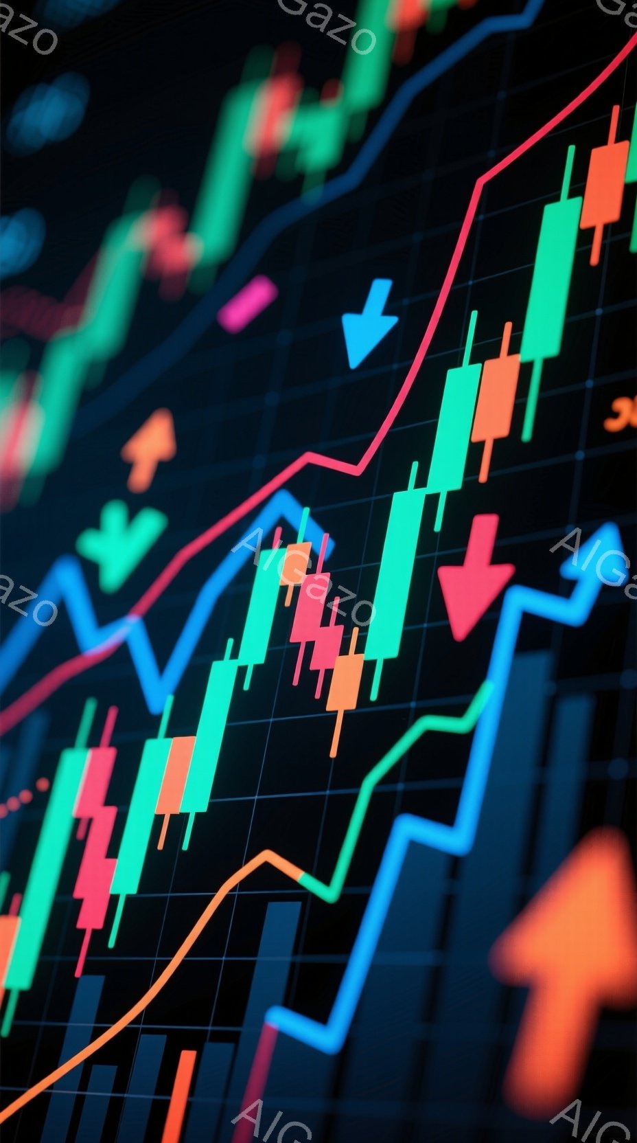 この画像は、金融市場のチャートを表しており、緑、赤、オレンジ色の棒グラフが格子状の背景に並んでいます。青い線と赤い線が、それぞれ上昇と下降のトレンドを示し、チャート全体がダイナミックで活気のある印象を - AI生成フリー素材