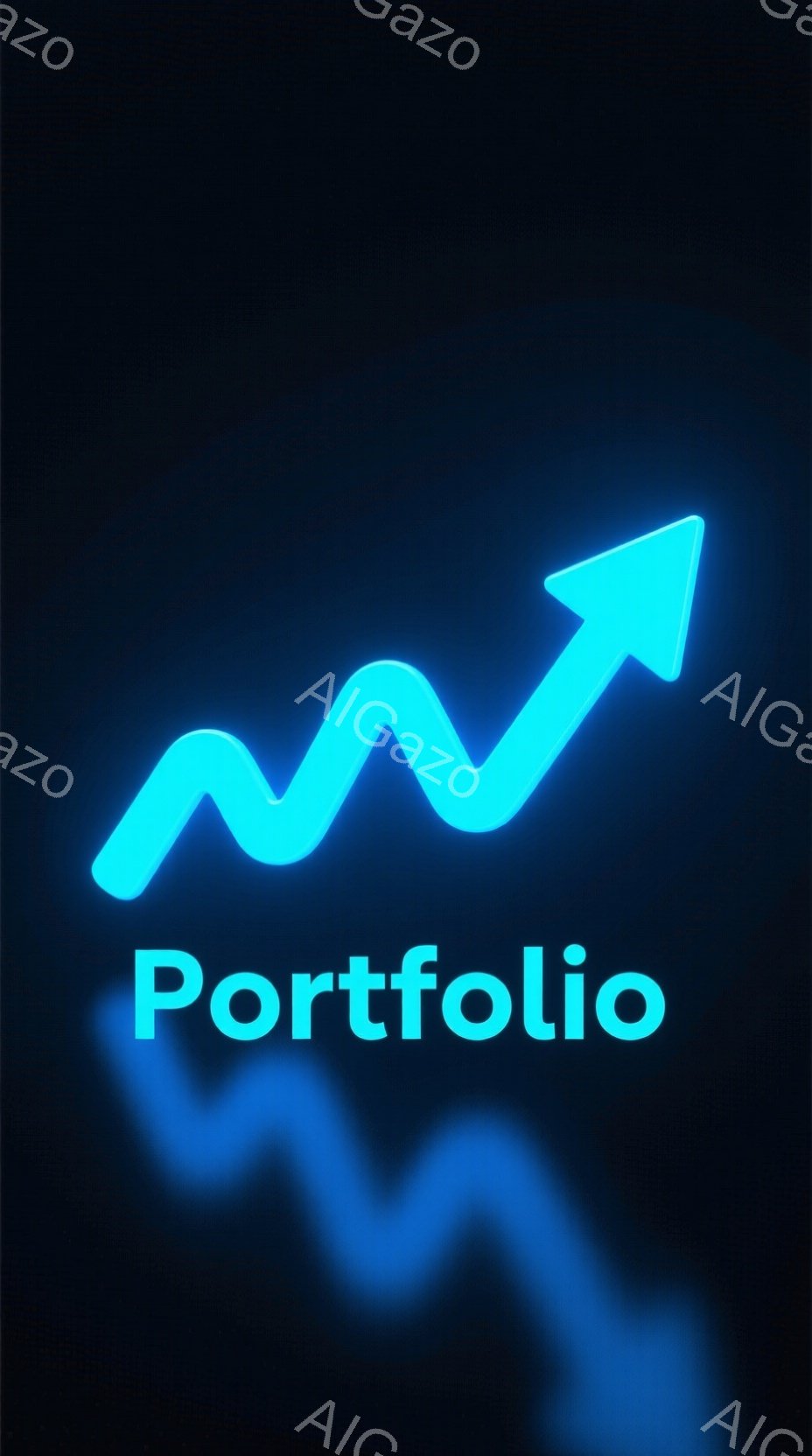 鮮やかな青色の光る線が、画面上部から斜めに伸びています。線は波のような起伏があり、上昇傾向を示唆しています。「Portfolio」という文字が、光る線の下に白く表示されています。背景は暗く、深い青色で統一されており、全体的に未来感と躍動感のある雰囲気です。