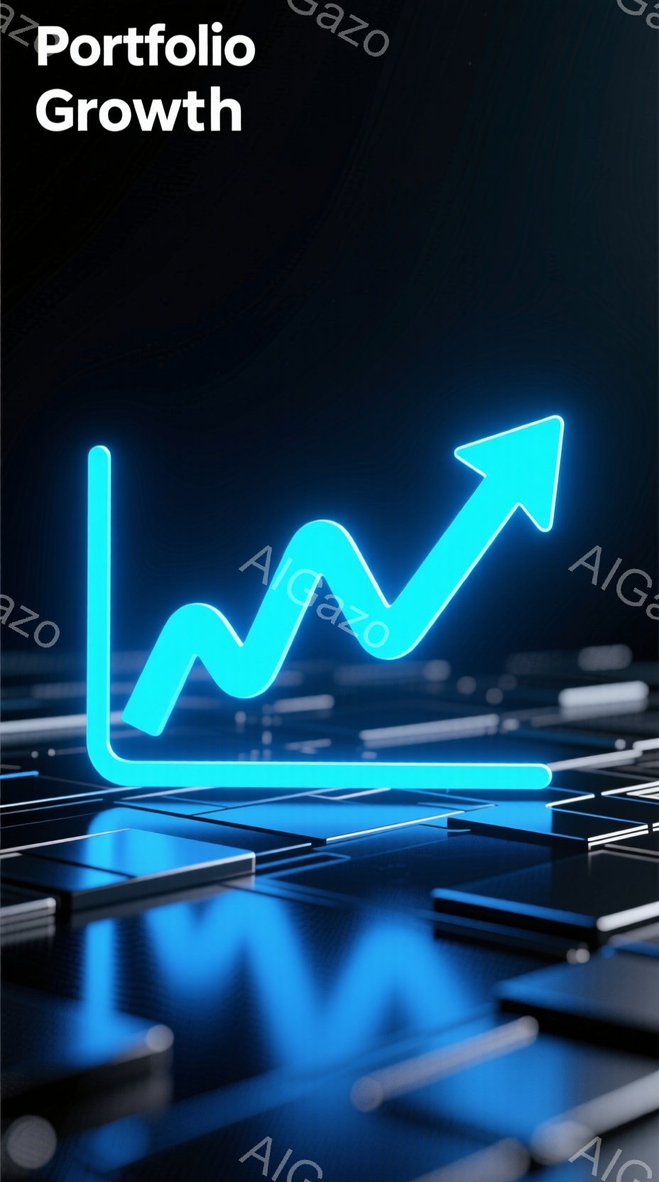 画像は、青色の光るグラフが描かれた背景で、ポートフォリオの成長を象徴しています。グラフは右肩上がりの傾向を示し、光沢のある反射面が未来的な雰囲気を醸し出しています。全体的に、投資の成功や経済的な成長を視覚的に表現したイメージです。