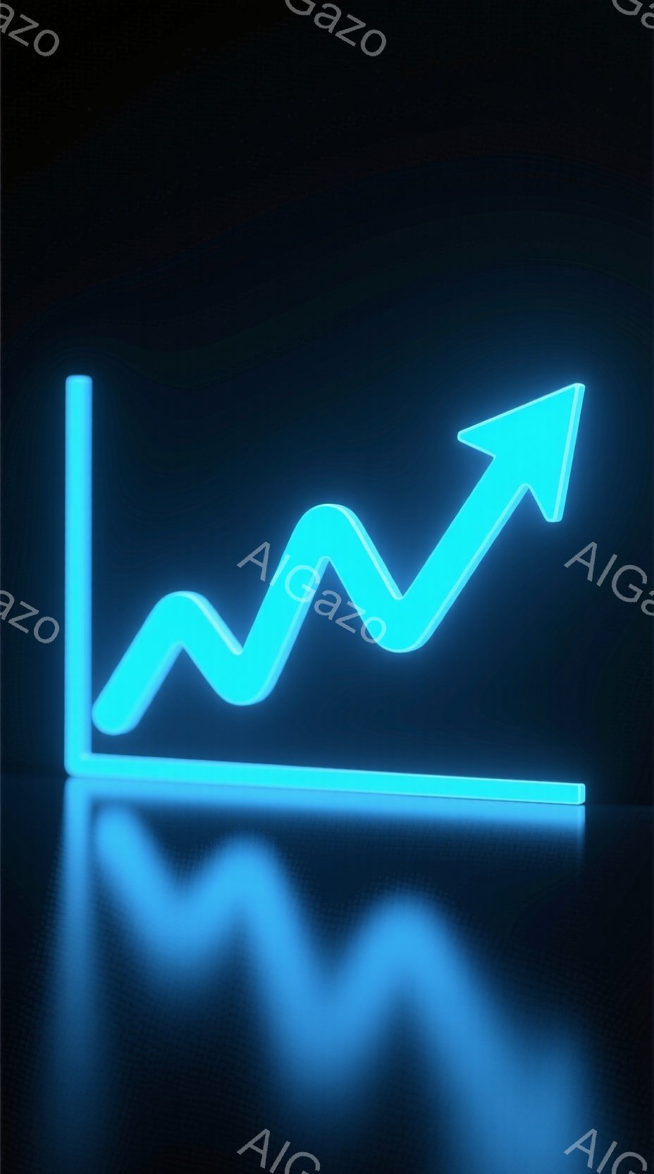 明るい水色の線が、水平線の上昇を示すグラフとして描かれています。線は起伏があり、わずかに波打っていますが、全体的には右肩上がりの傾向を示しています。暗い背景には、光沢のある反射面があり、グラフが浮き上がって見えます。