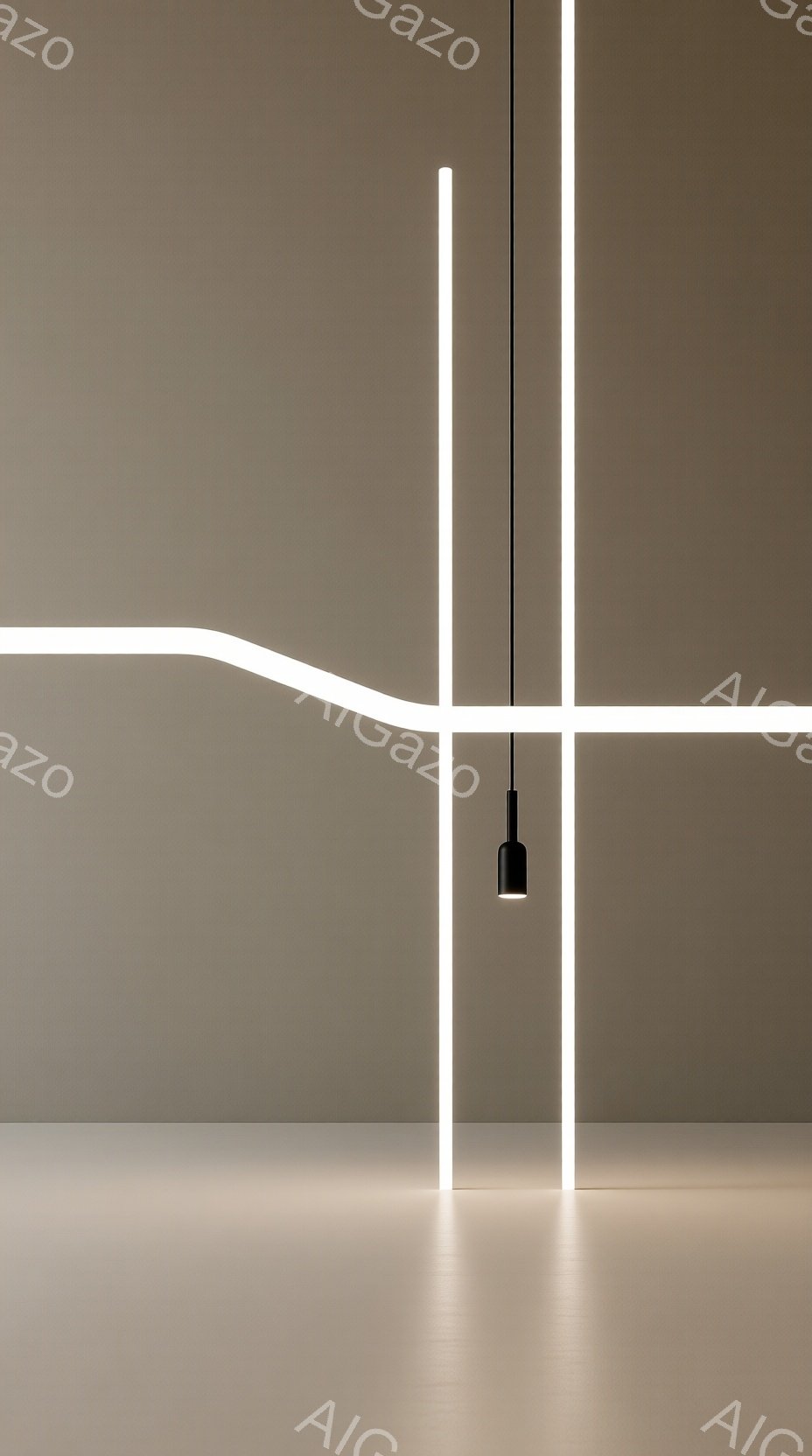 無機質なベージュ色の壁を背景に、白い光のラインが幾何学的に配置されている。天井から吊り下げられた黒い照明器具が、ラインと交差する様子が印象的で、ミニマルで現代的な雰囲気を醸し出している。床面も同じベージュ色で統一されており、光のラインが際立つように設計されている。