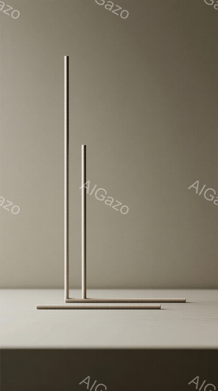 画像は、ベージュ色の背景に配置された、金属製のミニマルな彫刻作品を描写している。3本の細長い金属棒が、水平な金属棒の上で垂直に立っており、全体的に簡潔で幾何学的な印象を与える。明るい日差しが当たり、彫刻の影が柔らかく描かれ、静かで落ち着いた雰囲気を醸し出している。