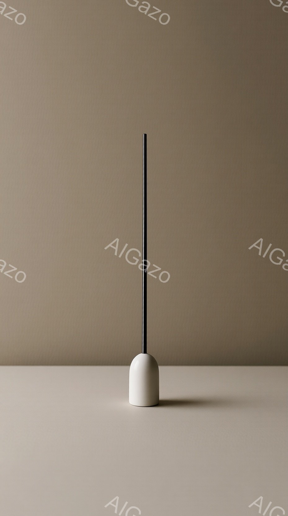この画像は、均一なベージュ色の背景に、細長い黒い棒が白い円柱状の台座からまっすぐに伸びている様子を捉えています。 シンプルでミニマルな構成で、物体の影はほとんど見られず、柔らかく落ち着いた雰囲気を醸し出しています。 全体的に、洗練された静謐さを感じさせるデザインです。