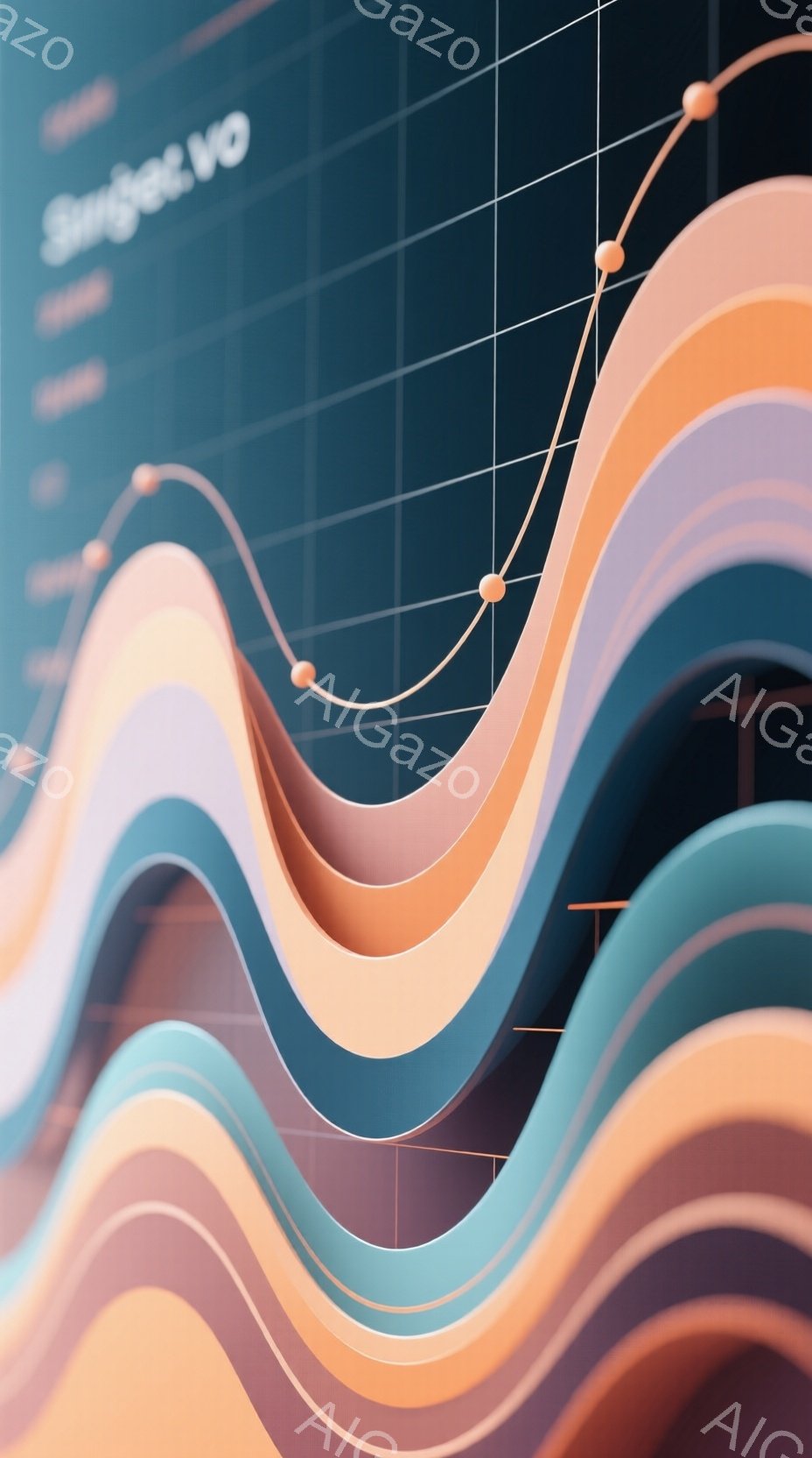 この画像は、オレンジ、ベージュ、水色の曲線が重なり合った抽象的な構成です。背景は暗いグレーのグリッドで、右上には小さな白いテキストがぼやけています。全体的に滑らかでモダンな雰囲気が漂い、まるでデータ可視化やデザイン要素として使われているかのようです。