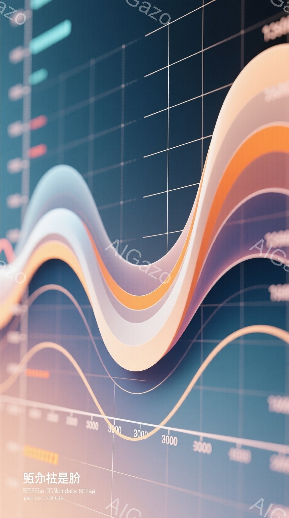 鮮やかなオレンジと青の曲線が、ぼやけた背景のグラフの上に重なり合っています。グラフは数字のラベルとグリッド線で構成され、未来的なデータ可視化を連想させます。全体として、この画像はダイナミックで抽象的であり、成長やトレンドといった概念を示唆しています。